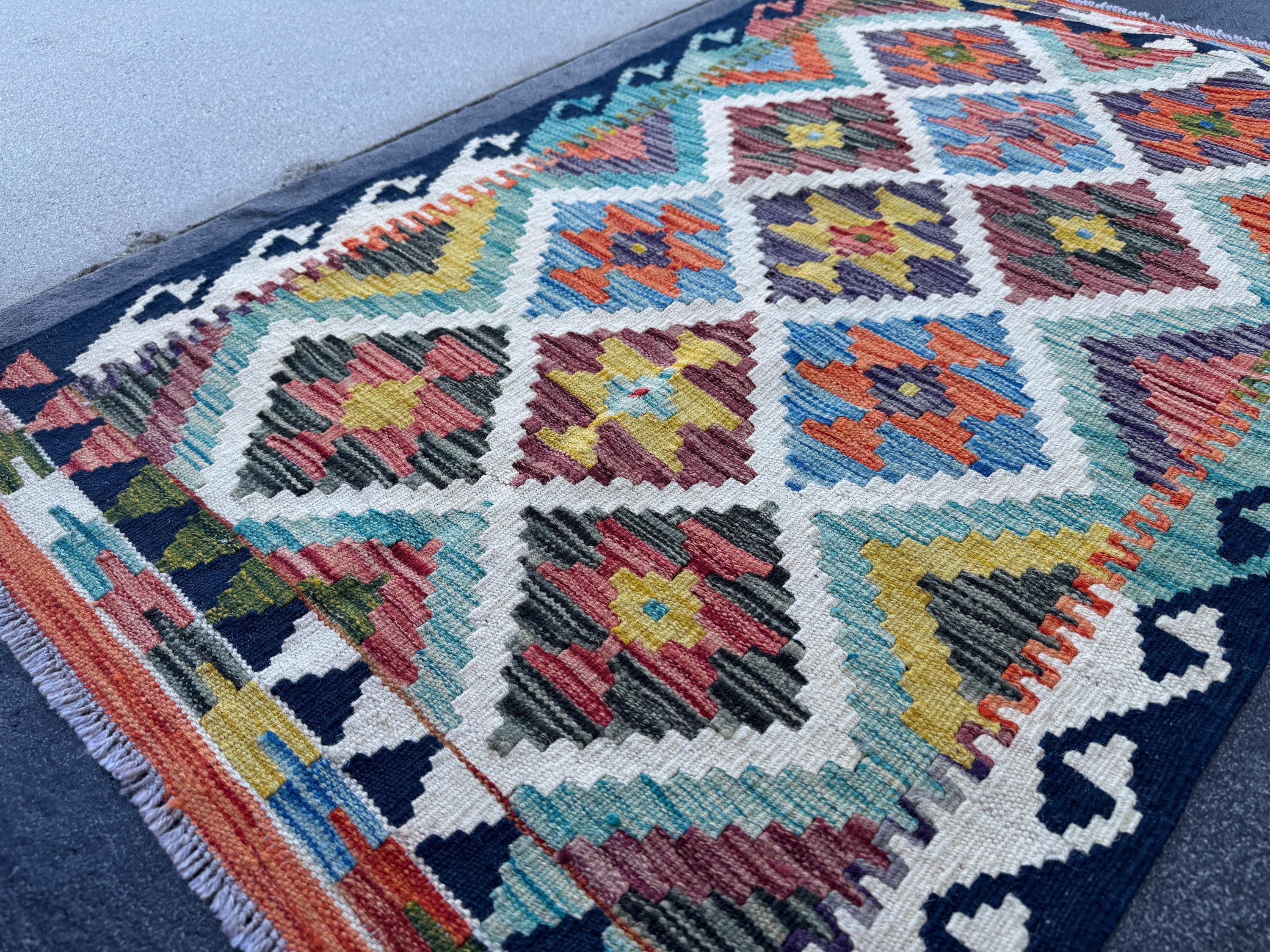3x4 Handmade Afghan Kilim Rug | Cream Rust Red Burnt Orange Mustard Yellow Olive Green Teal Aqua Blue Navy Purple Grey | Wool Flatwoven