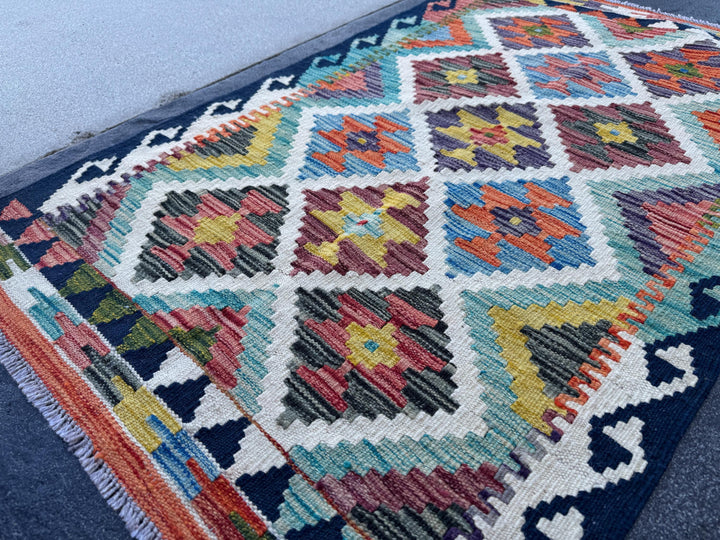 3x4 Handmade Afghan Kilim Rug | Cream Rust Red Burnt Orange Mustard Yellow Olive Green Teal Aqua Blue Navy Purple Grey | Wool Flatwoven