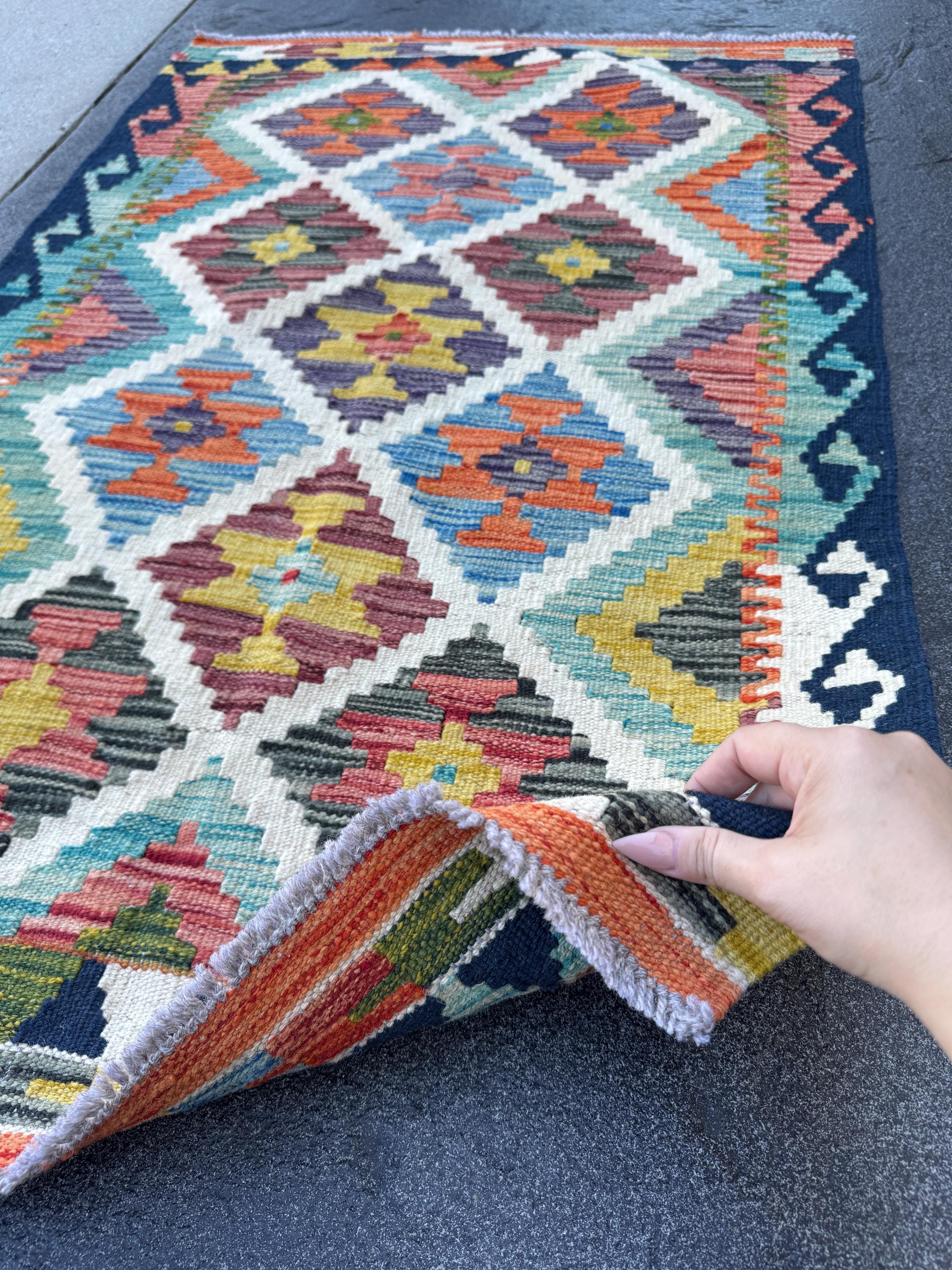 3x4 Handmade Afghan Kilim Rug | Cream Rust Red Burnt Orange Mustard Yellow Olive Green Teal Aqua Blue Navy Purple Grey | Wool Flatwoven