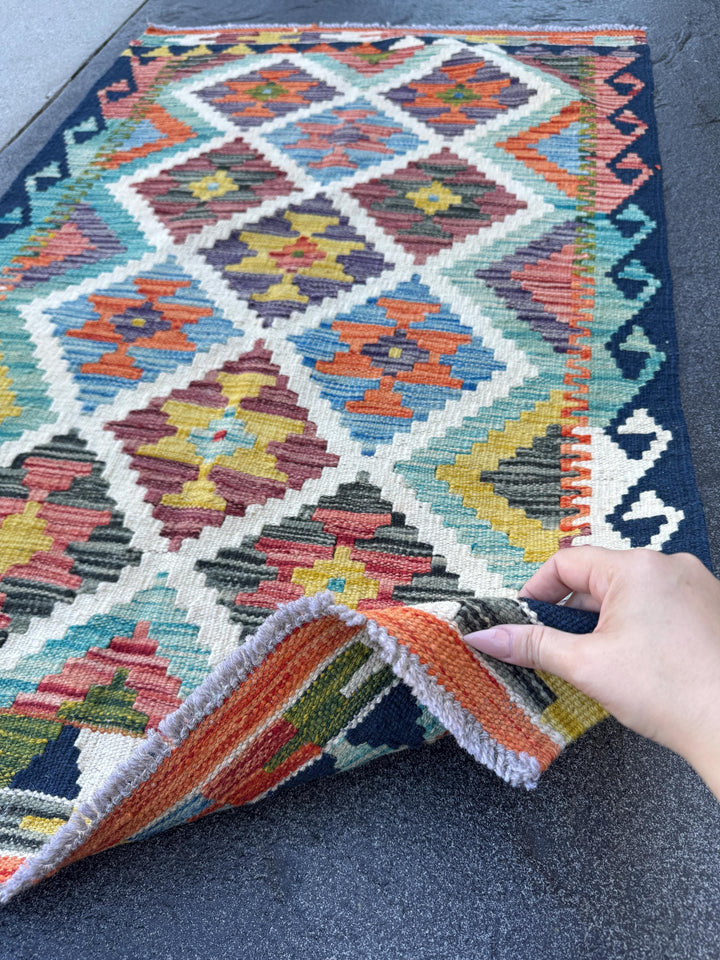 3x4 Handmade Afghan Kilim Rug | Cream Rust Red Burnt Orange Mustard Yellow Olive Green Teal Aqua Blue Navy Purple Grey | Wool Flatwoven