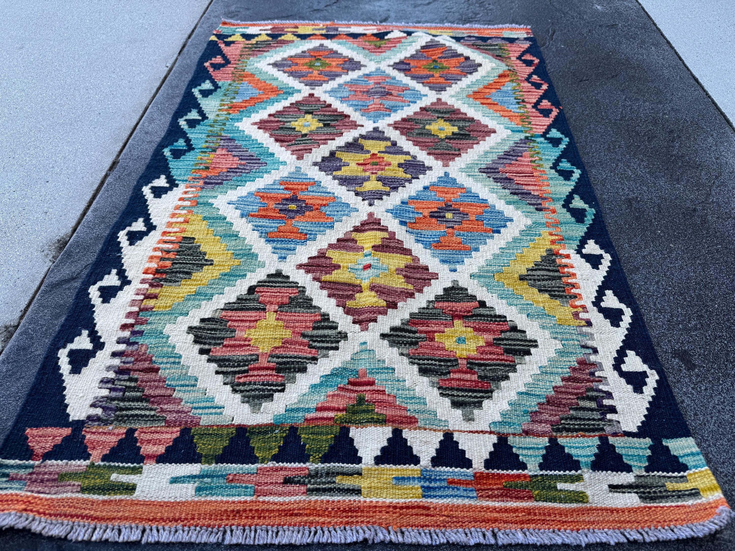 3x4 Handmade Afghan Kilim Rug | Cream Rust Red Burnt Orange Mustard Yellow Olive Green Teal Aqua Blue Navy Purple Grey | Wool Flatwoven