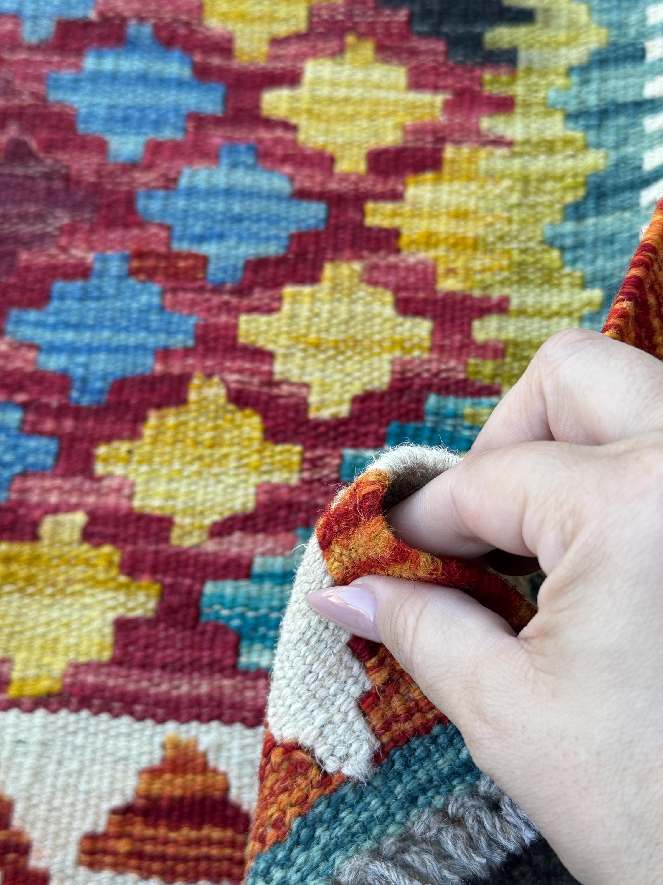 3x4 Handmade Afghan Kilim Rug | Burgundy Red Rust Burnt Orange Mustard Yellow Teal Aqua Blue Cream White Navy Olive Green Black | Flatwoven