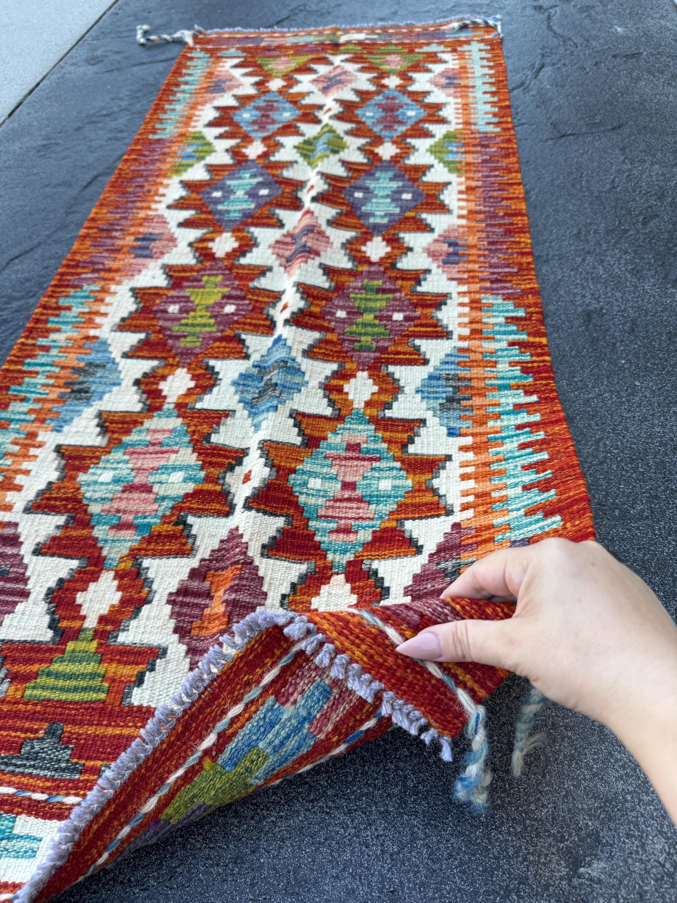 2x5 Handmade Afghan Kilim Runner Rug | Rust Red Burnt Orange Cream White Mustard Yellow Olive Green Teal Aqua Blue Navy Purple Grey | Wool