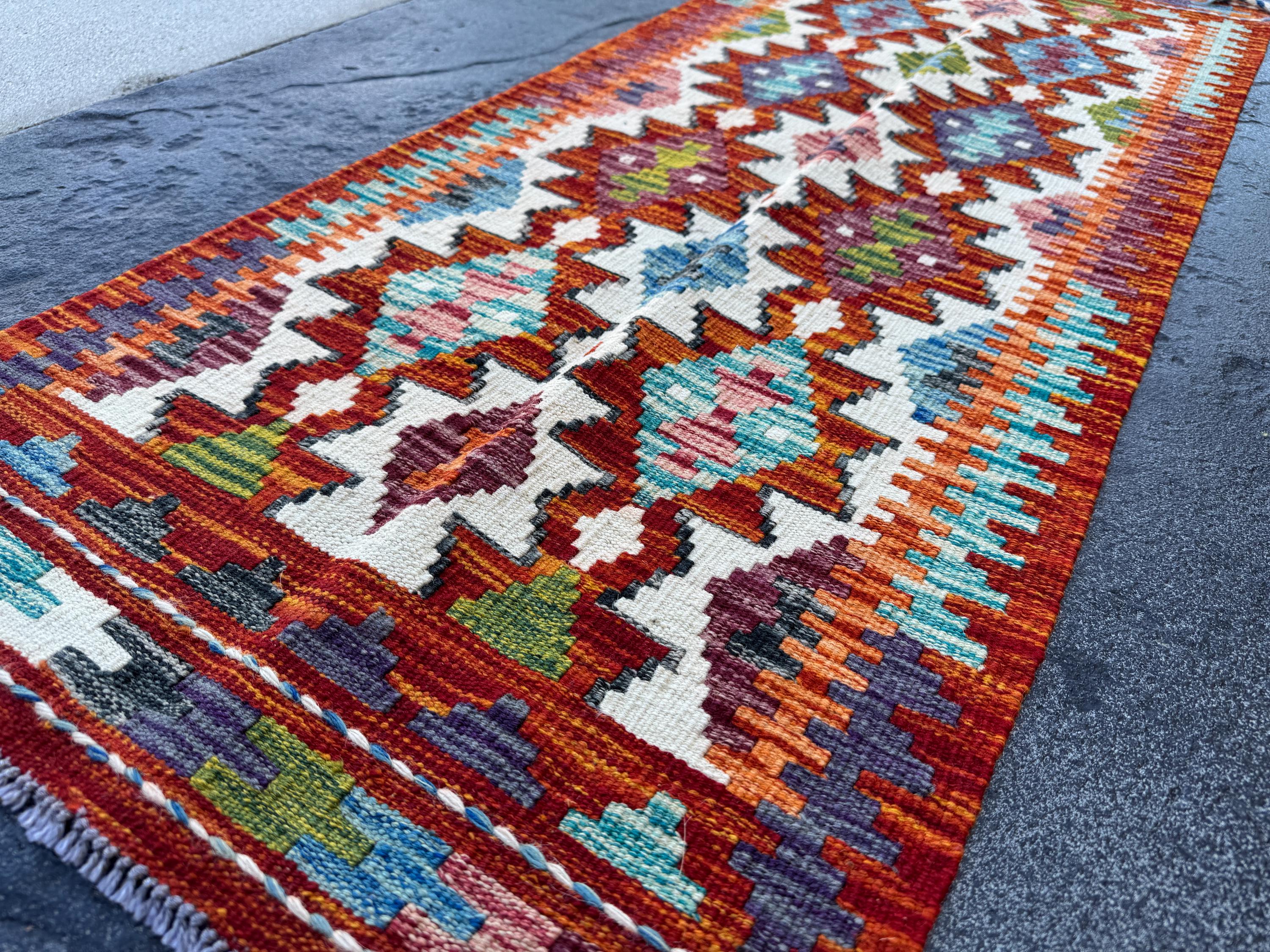 2x5 Handmade Afghan Kilim Runner Rug | Rust Red Burnt Orange Cream White Mustard Yellow Olive Green Teal Aqua Blue Navy Purple Grey | Wool