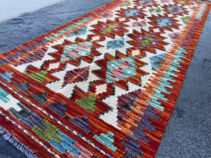 2x5 Handmade Afghan Kilim Runner Rug | Rust Red Burnt Orange Cream White Mustard Yellow Olive Green Teal Aqua Blue Navy Purple Grey | Wool
