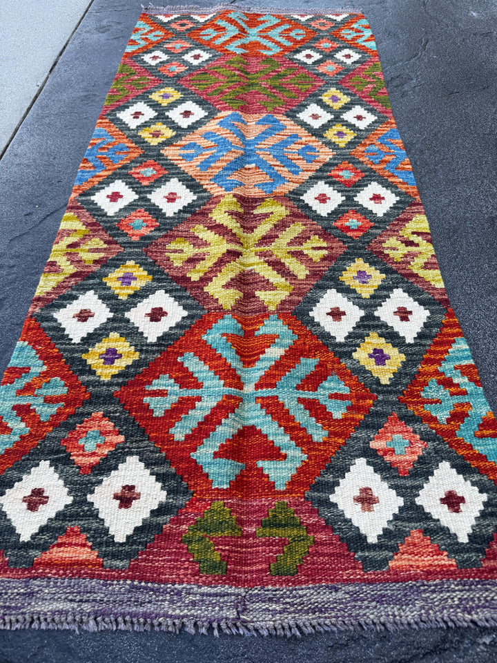 2x5 Handmade Afghan Kilim Runner Rug | Rust Red Charcoal Grey Burnt Orange Cream White Mustard Yellow Olive Green Teal Aqua Blue Navy Purple