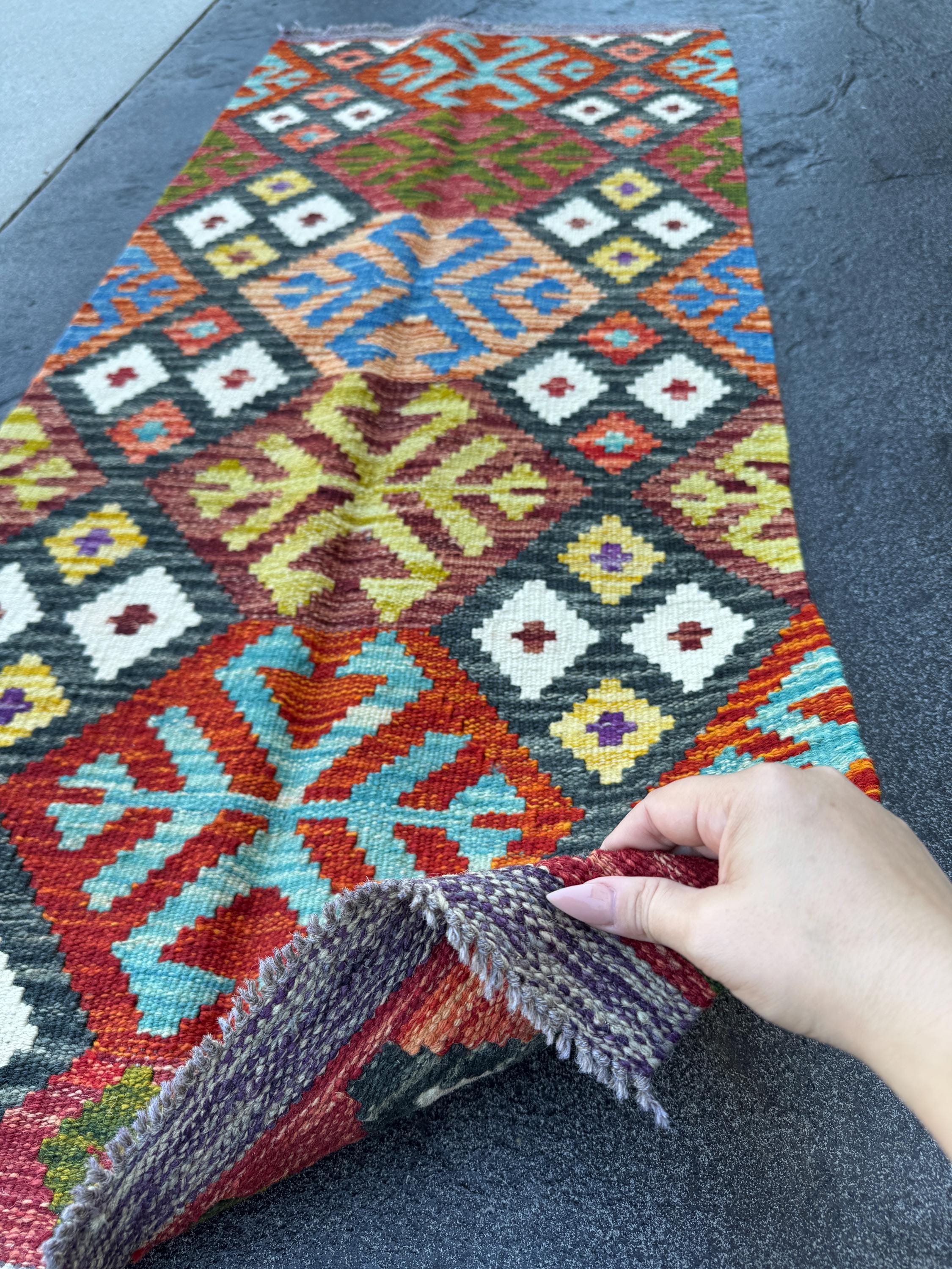 2x5 Handmade Afghan Kilim Runner Rug | Rust Red Charcoal Grey Burnt Orange Cream White Mustard Yellow Olive Green Teal Aqua Blue Navy Purple