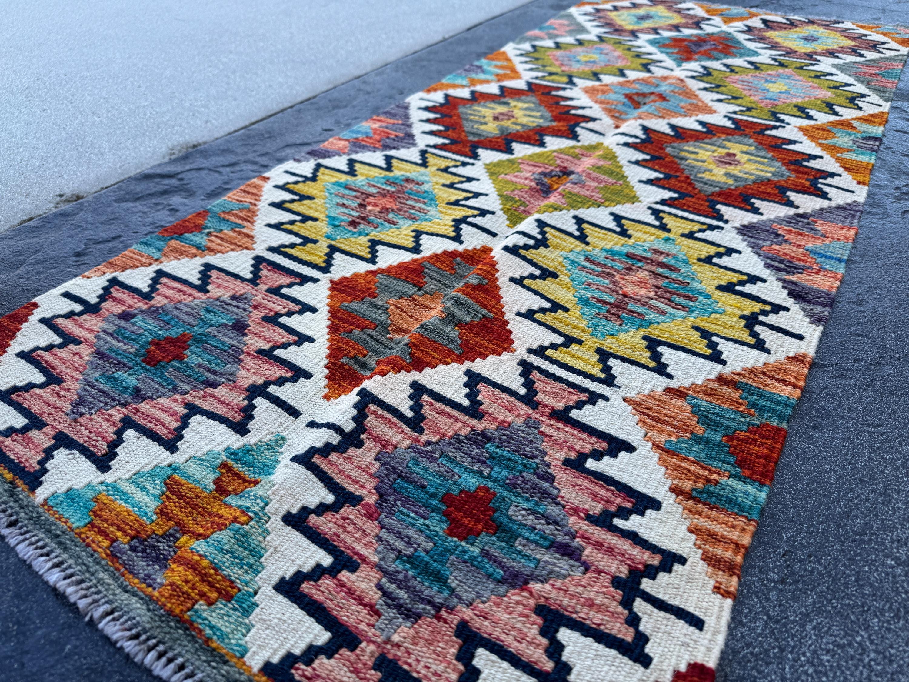 2x5 Handmade Afghan Kilim Runner Rug | Cream White Rust Red Mustard Yellow Olive Green Teal Aqua Blue Navy Purple Burnt Orange Grey | Wool