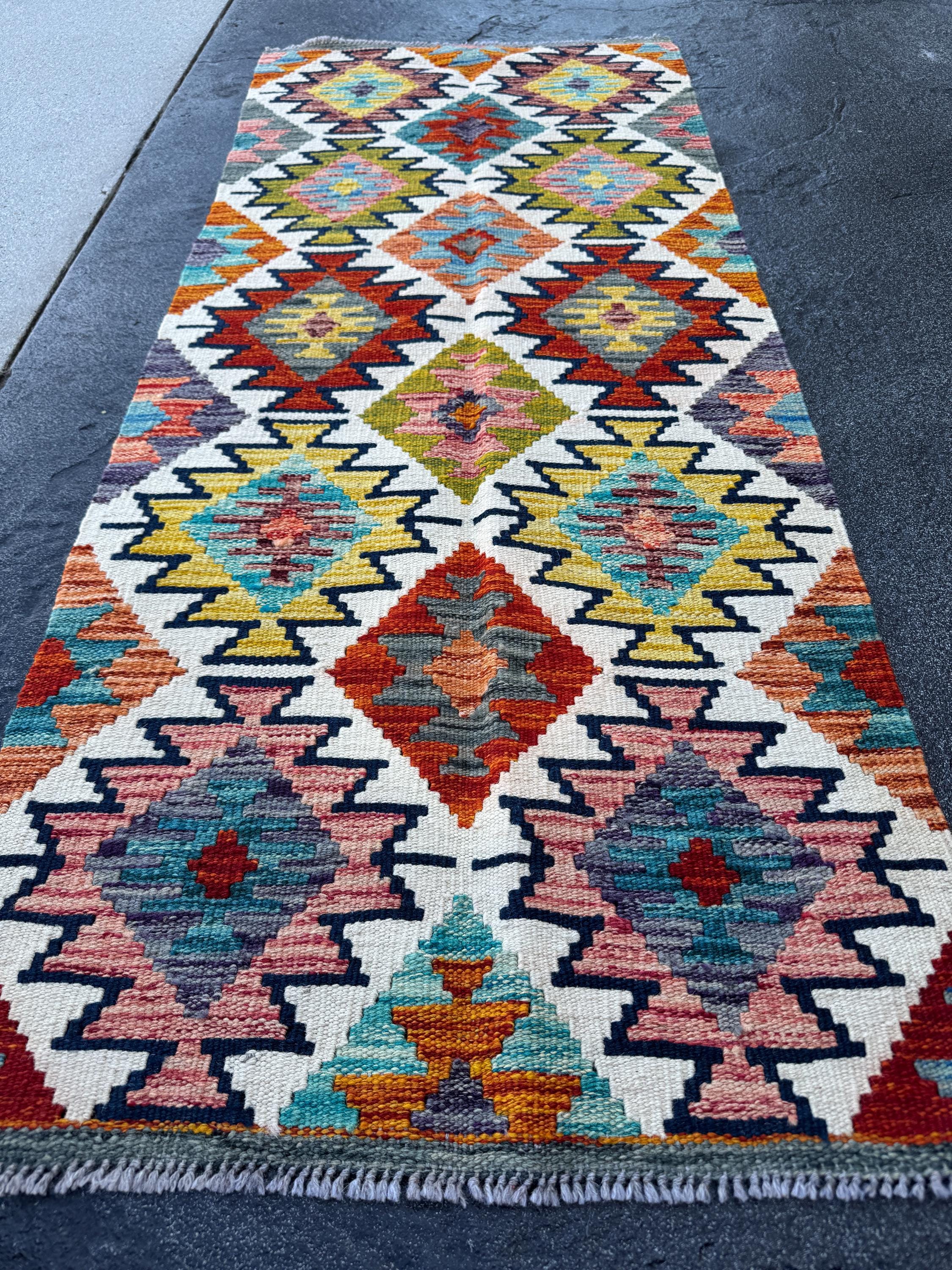2x5 Handmade Afghan Kilim Runner Rug | Cream White Rust Red Mustard Yellow Olive Green Teal Aqua Blue Navy Purple Burnt Orange Grey | Wool