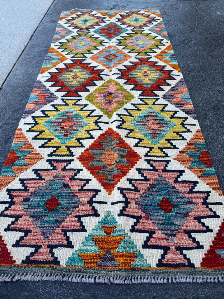 2x5 Handmade Afghan Kilim Runner Rug | Cream White Rust Red Mustard Yellow Olive Green Teal Aqua Blue Navy Purple Burnt Orange Grey | Wool