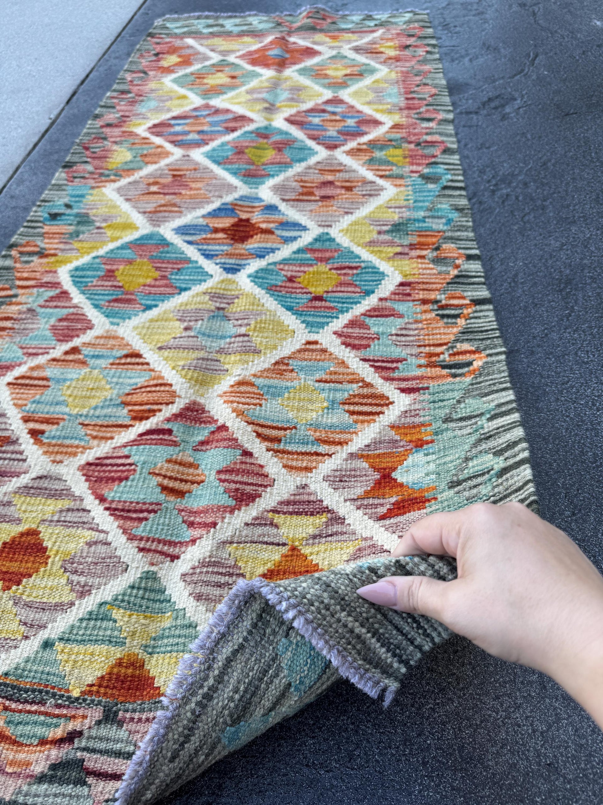 2x5 Handmade Afghan Kilim Runner Rug | Sage Green Rust Red Burnt Orange Mustard Yellow Teal Aqua Blue Cream White Plum Grey Navy | Wool