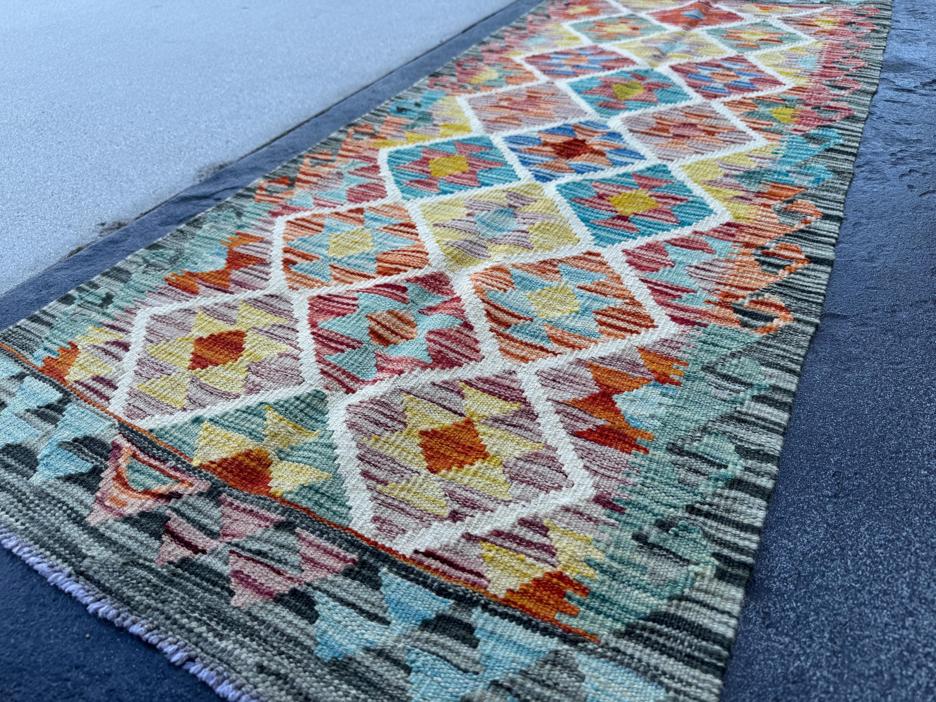 2x5 Handmade Afghan Kilim Runner Rug | Sage Green Rust Red Burnt Orange Mustard Yellow Teal Aqua Blue Cream White Plum Grey Navy | Wool