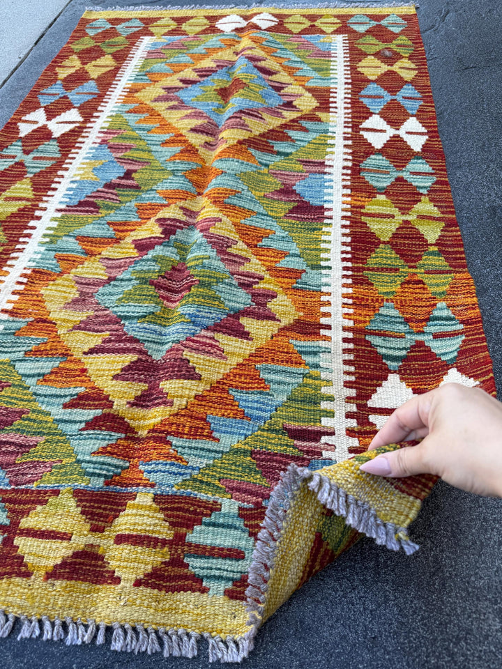 3x4 Handmade Afghan Kilim Rug | Rust Red Burnt Orange Mustard Yellow Olive Green Teal Aqua Blue Cream White Burgundy Purple Grey | Flatwoven