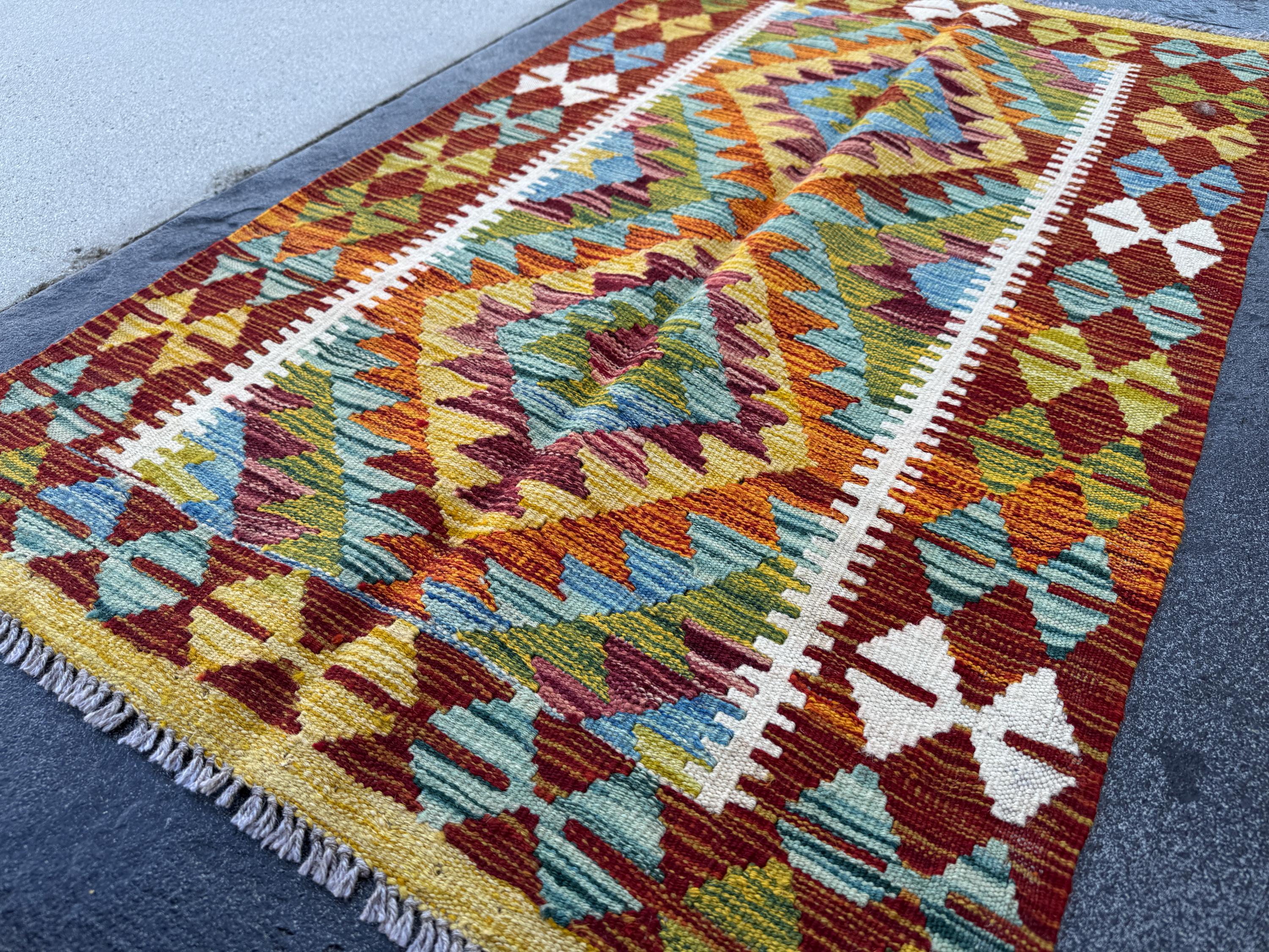 3x4 Handmade Afghan Kilim Rug | Rust Red Burnt Orange Mustard Yellow Olive Green Teal Aqua Blue Cream White Burgundy Purple Grey | Flatwoven