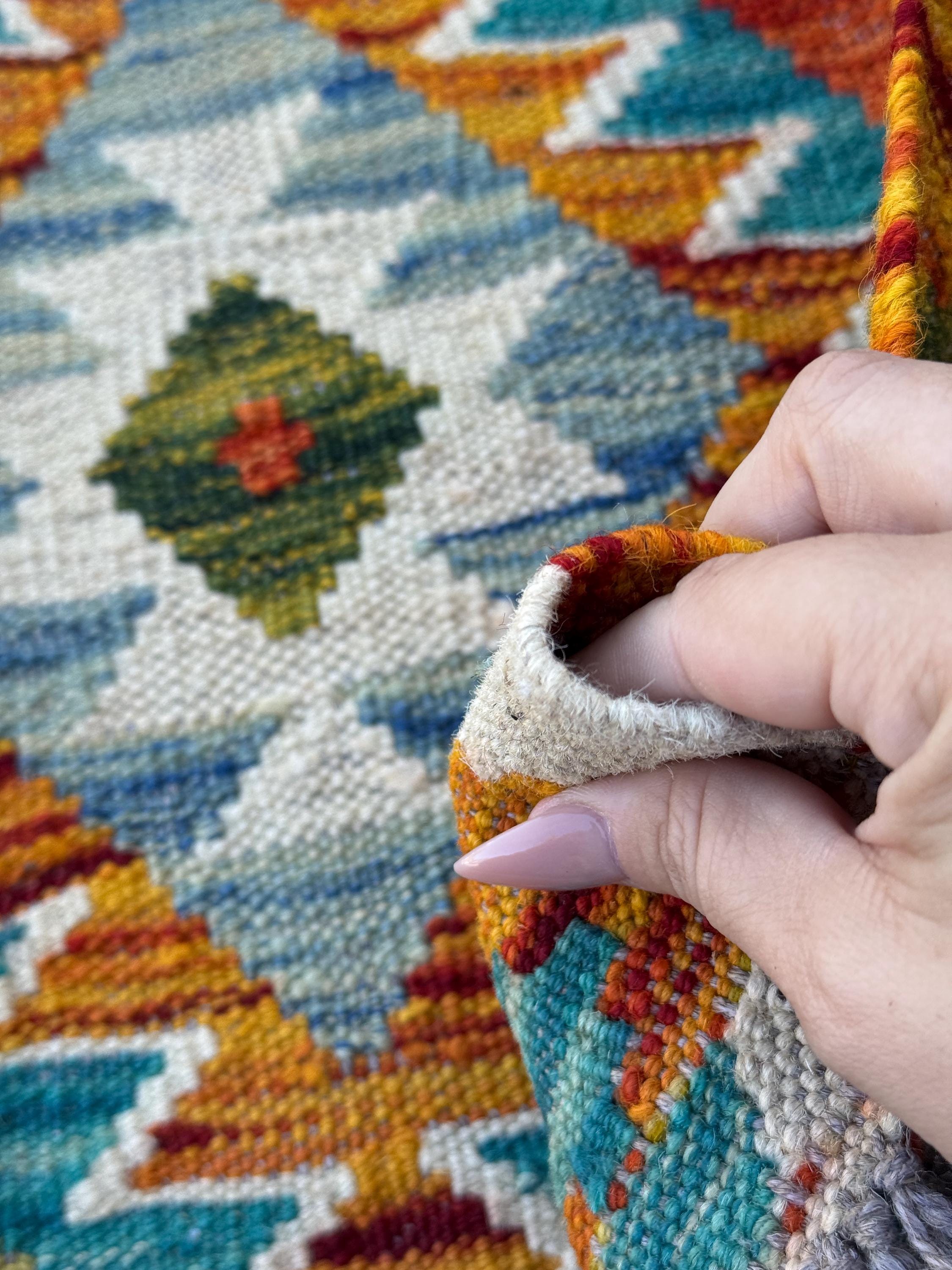 3x4 Handmade Afghan Kilim Rug | Burnt Orange Teal Cream White Mustard Yellow Olive Green Rust Red Aqua Blue Navy Grey | Wool Flatwoven