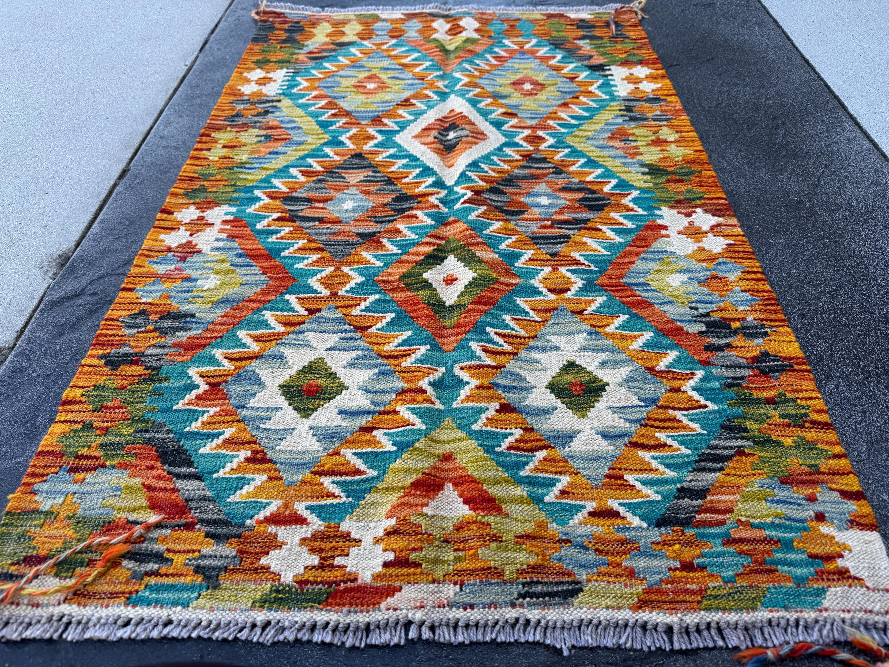 3x4 Handmade Afghan Kilim Rug | Burnt Orange Teal Cream White Mustard Yellow Olive Green Rust Red Aqua Blue Navy Grey | Wool Flatwoven