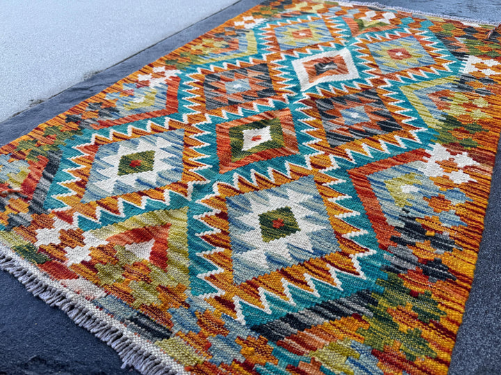 3x4 Handmade Afghan Kilim Rug | Burnt Orange Teal Cream White Mustard Yellow Olive Green Rust Red Aqua Blue Navy Grey | Wool Flatwoven