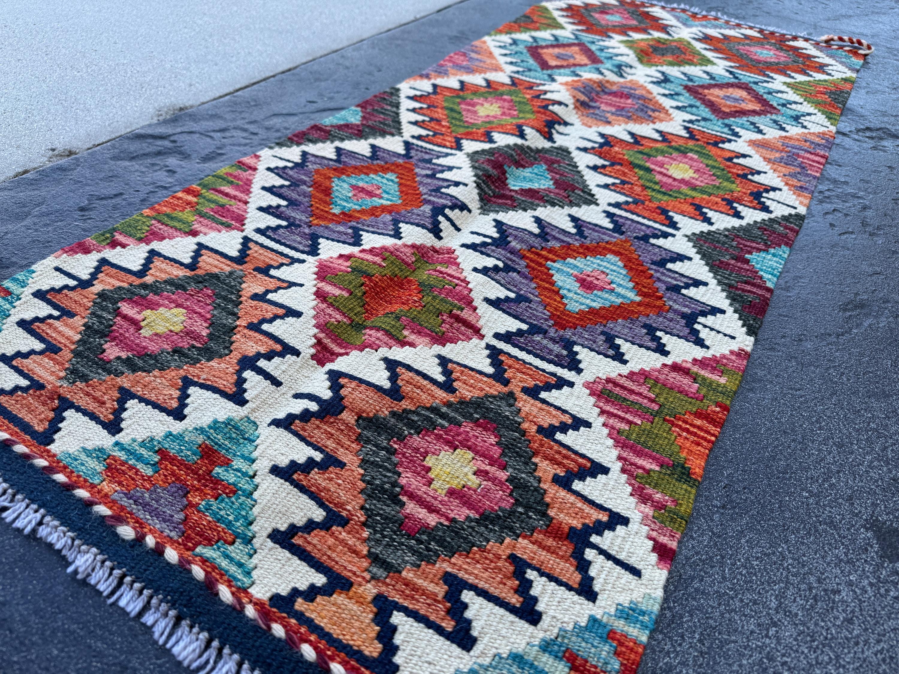 2x5 Handmade Afghan Kilim Runner Rug | Ivory Cream Burnt Orange Rust Red Mustard Yellow Olive Green Teal Aqua Blue Navy Purple Grey | Wool