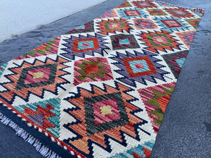 2x5 Handmade Afghan Kilim Runner Rug | Ivory Cream Burnt Orange Rust Red Mustard Yellow Olive Green Teal Aqua Blue Navy Purple Grey | Wool
