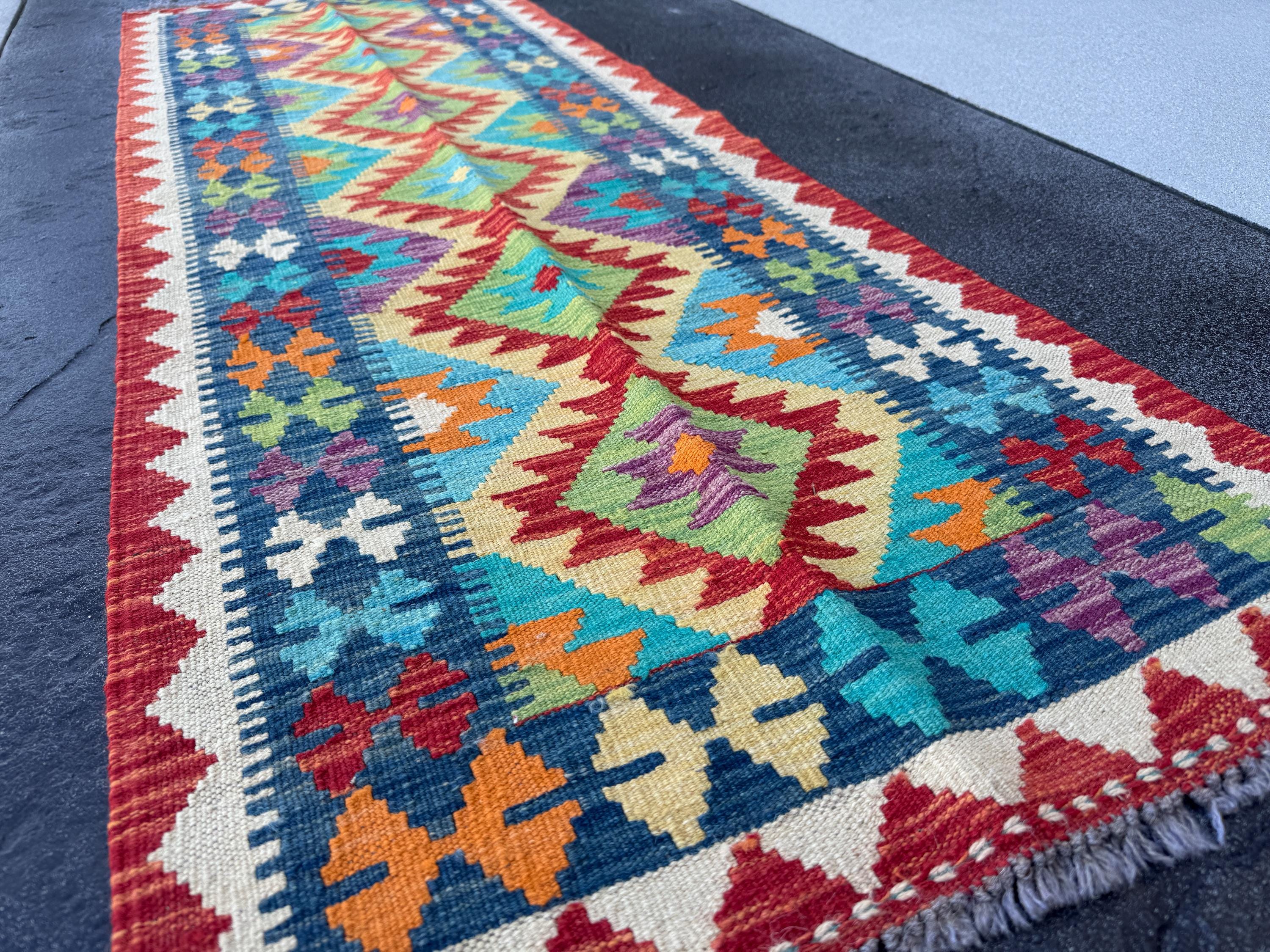 2x7 Handmade Afghan Kilim Runner Rug | Cream Beige Orange Brick Blood Red Grey Denim Blue Olive Moss Green Teal | Wool Turkish