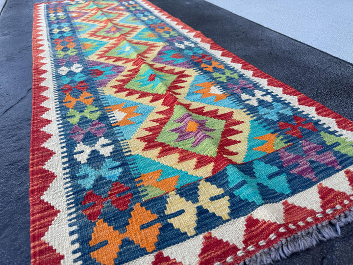 2x7 Handmade Afghan Kilim Runner Rug | Cream Beige Orange Brick Blood Red Grey Denim Blue Olive Moss Green Teal | Wool Turkish