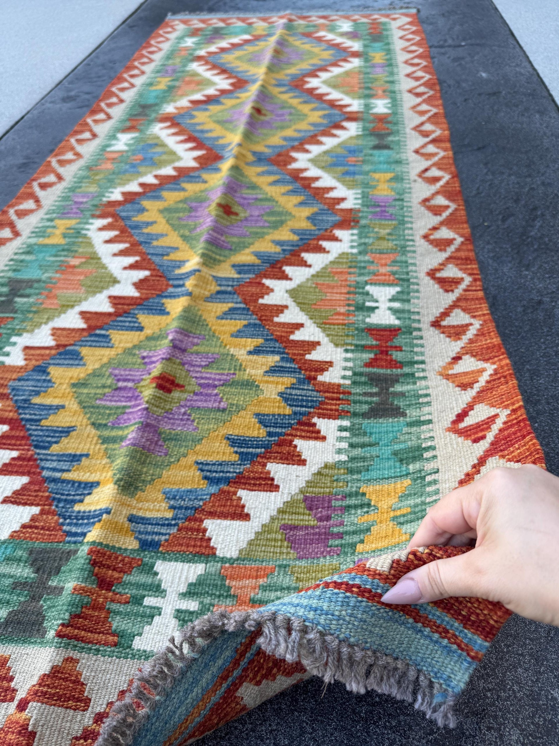 3x7 (100x200) Handmade Afghan Kilim Runner Rug | Cream Beige Orange Brick Red Blue Olive Moss Purple Green Teal Charcoal | Wool Turkish
