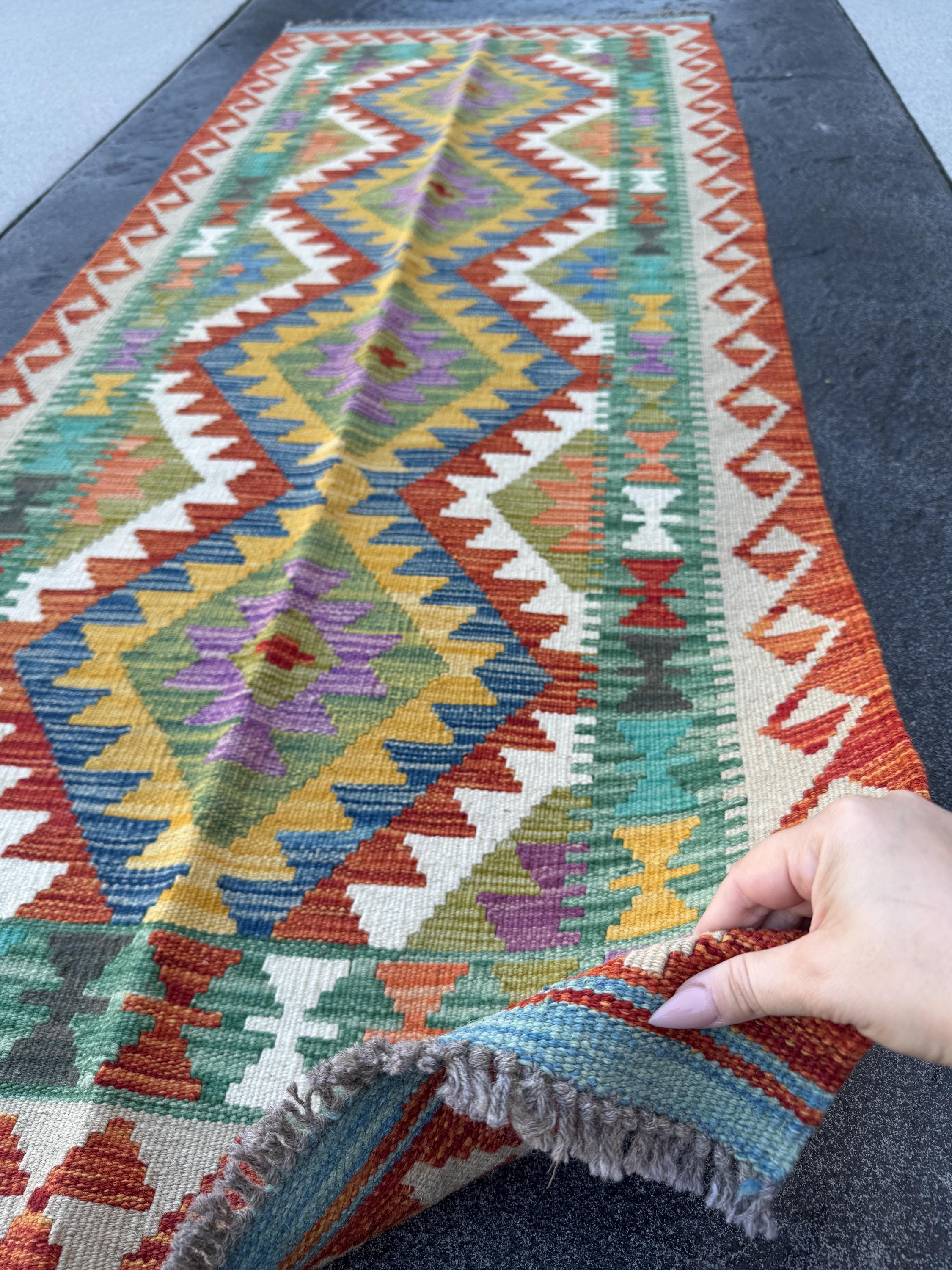 3x7 (100x200) Handmade Afghan Kilim Runner Rug | Cream Beige Orange Brick Red Blue Olive Moss Purple Green Teal Charcoal | Wool Turkish