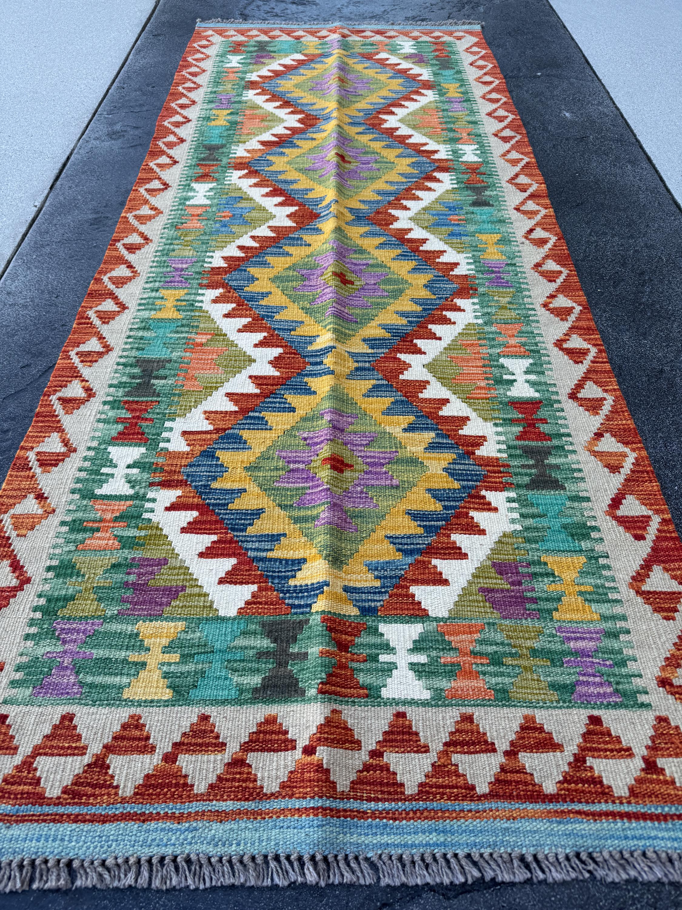 3x7 (100x200) Handmade Afghan Kilim Runner Rug | Cream Beige Orange Brick Red Blue Olive Moss Purple Green Teal Charcoal | Wool Turkish