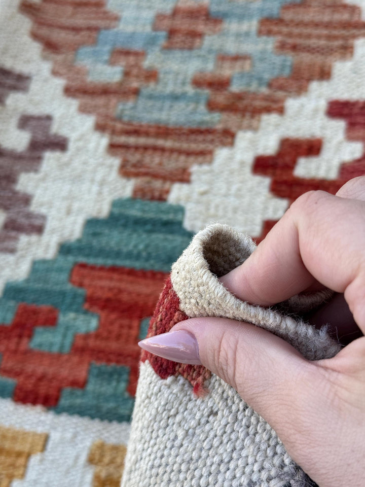 3x7 (100x200) Handmade Afghan Kilim Runner Rug | Cream Orange Brick Blood Red Chocolate Brown Denim Blue Pine Green Grey | Wool Turkish