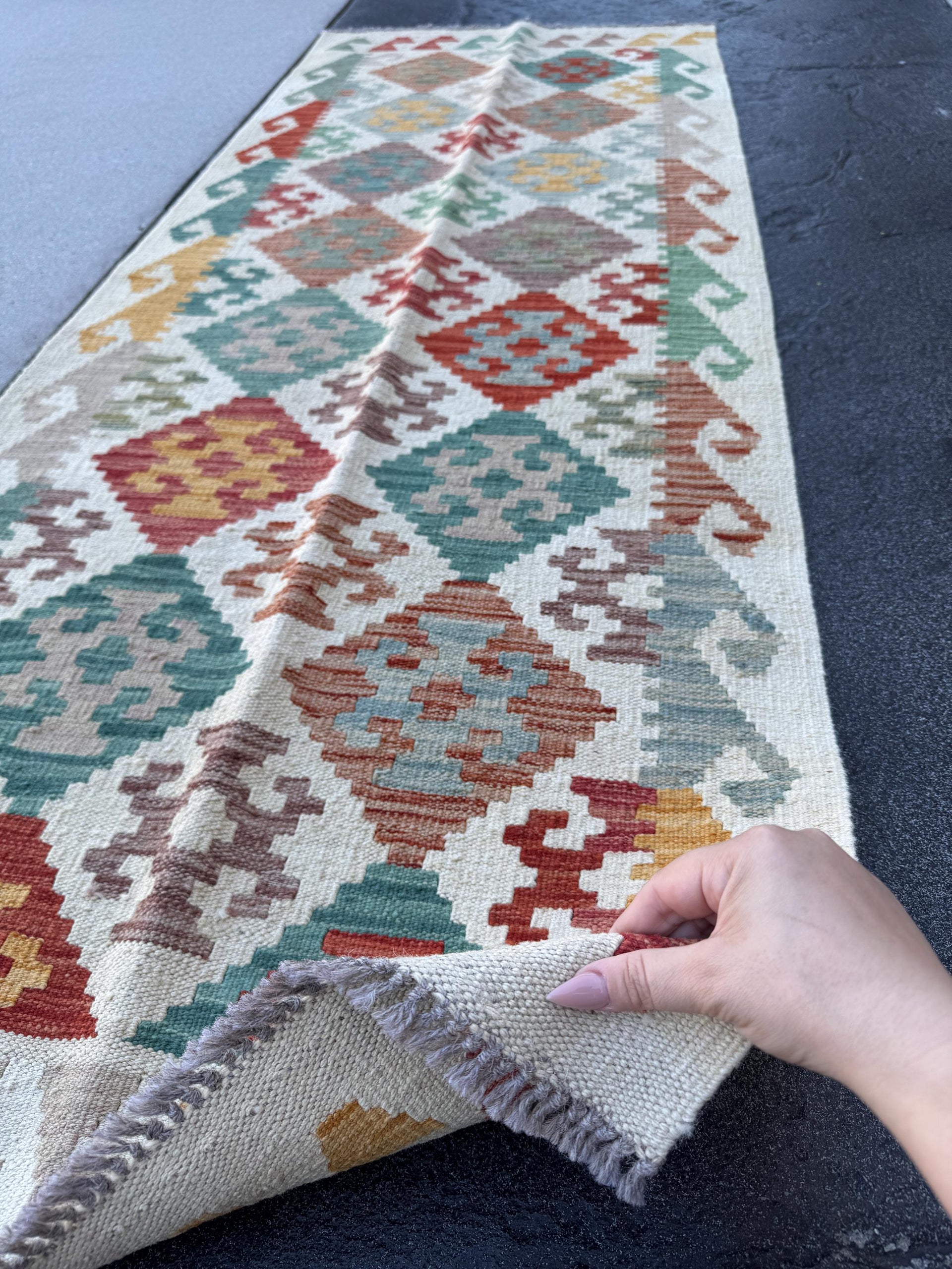 3x7 (100x200) Handmade Afghan Kilim Runner Rug | Cream Orange Brick Blood Red Chocolate Brown Denim Blue Pine Green Grey | Wool Turkish