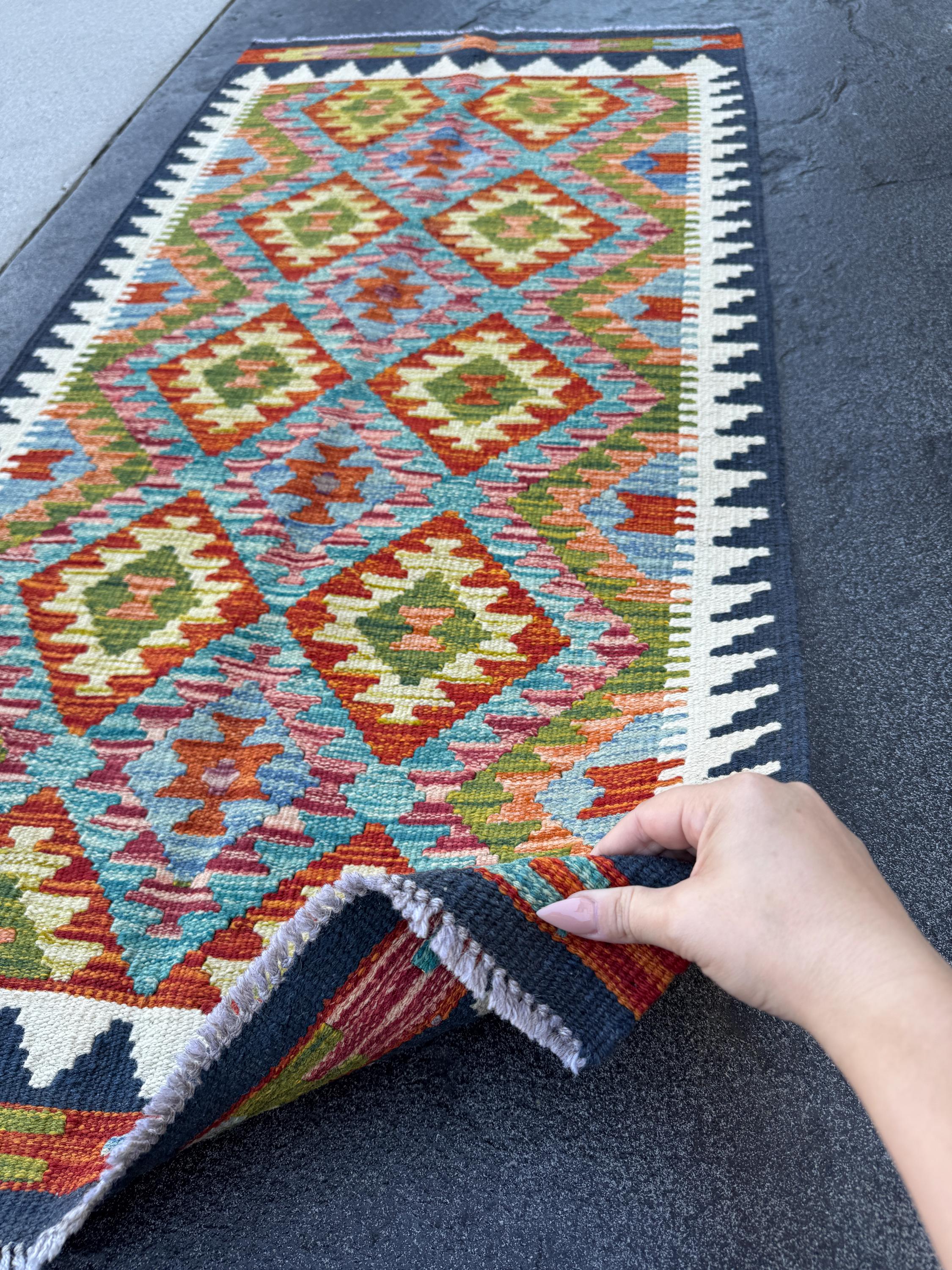 2x5 Handmade Afghan Kilim Runner Rug | Rust Red Burnt Orange Olive Green Teal Aqua Blue Cream White Mustard Yellow Navy Pink | Wool