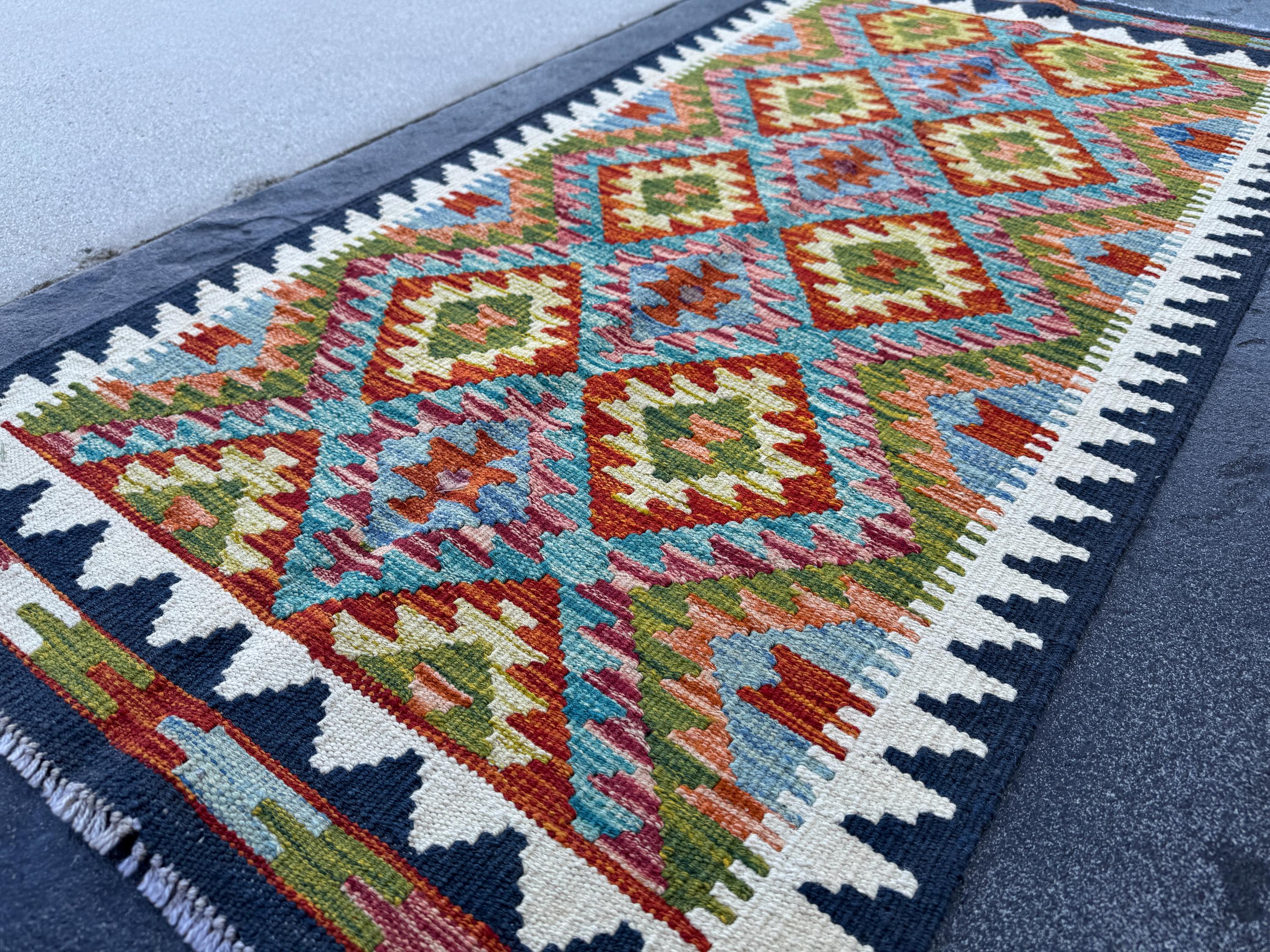 2x5 Handmade Afghan Kilim Runner Rug | Rust Red Burnt Orange Olive Green Teal Aqua Blue Cream White Mustard Yellow Navy Pink | Wool