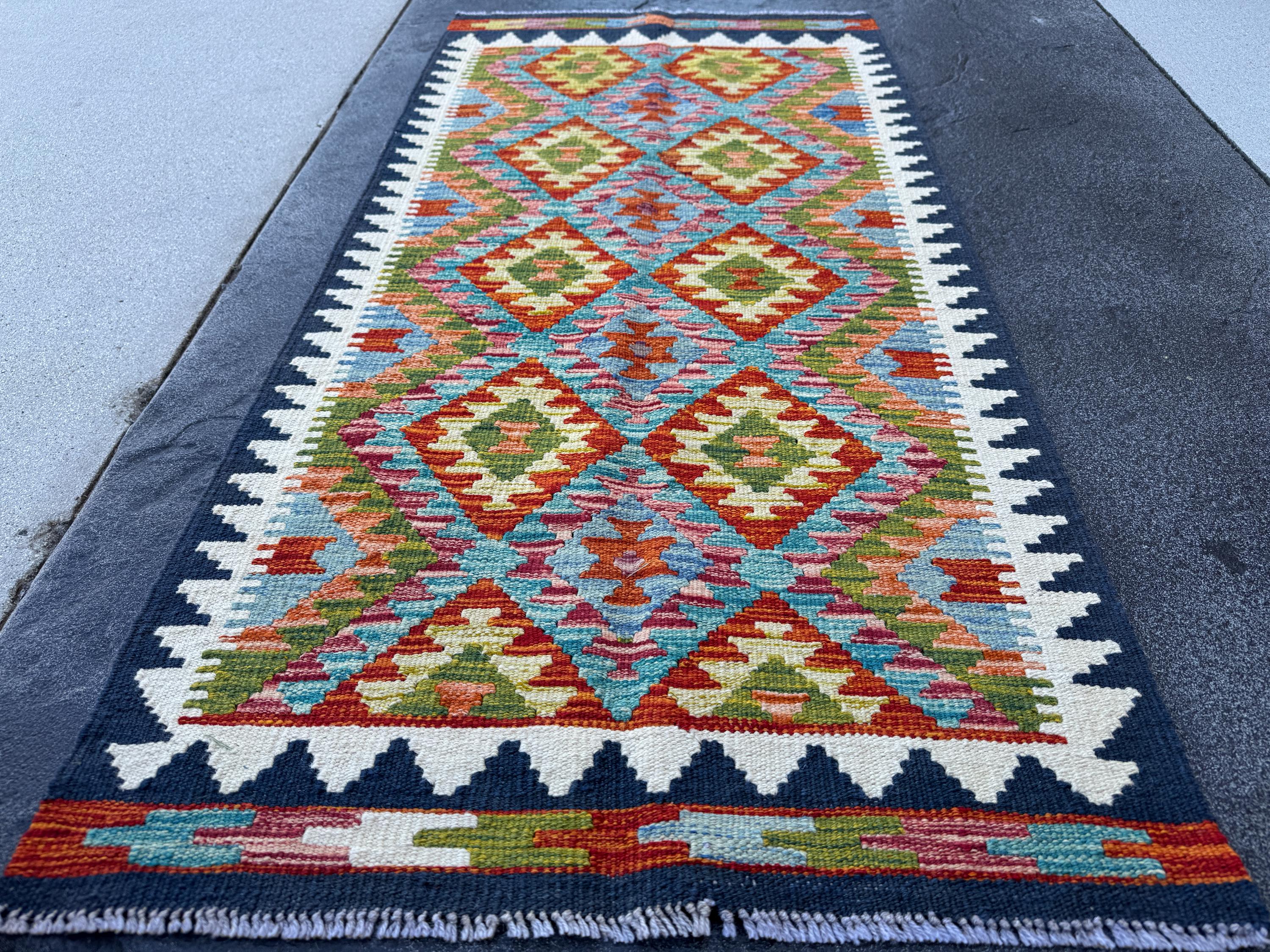 2x5 Handmade Afghan Kilim Runner Rug | Rust Red Burnt Orange Olive Green Teal Aqua Blue Cream White Mustard Yellow Navy Pink | Wool
