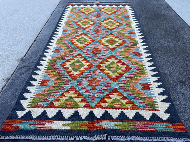 2x5 Handmade Afghan Kilim Runner Rug | Rust Red Burnt Orange Olive Green Teal Aqua Blue Cream White Mustard Yellow Navy Pink | Wool
