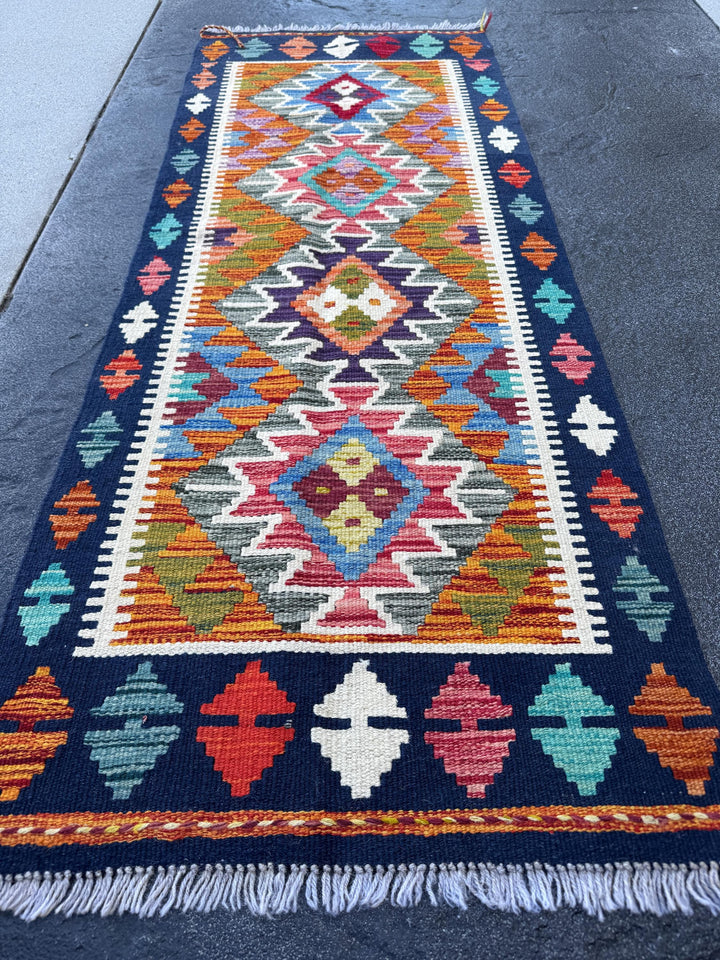 2x5 Handmade Afghan Kilim Runner Rug | Navy Rust Red Burnt Orange Olive Green Teal Aqua Blue Cream White Mustard Yellow Pink Purple | Wool