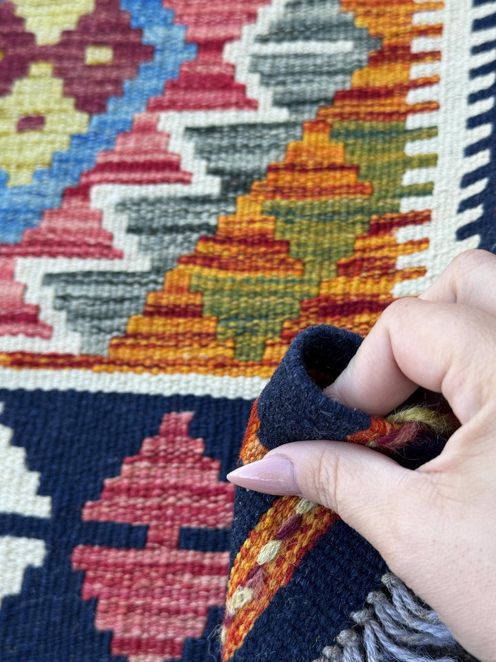 2x5 Handmade Afghan Kilim Runner Rug | Navy Rust Red Burnt Orange Olive Green Teal Aqua Blue Cream White Mustard Yellow Pink Purple | Wool
