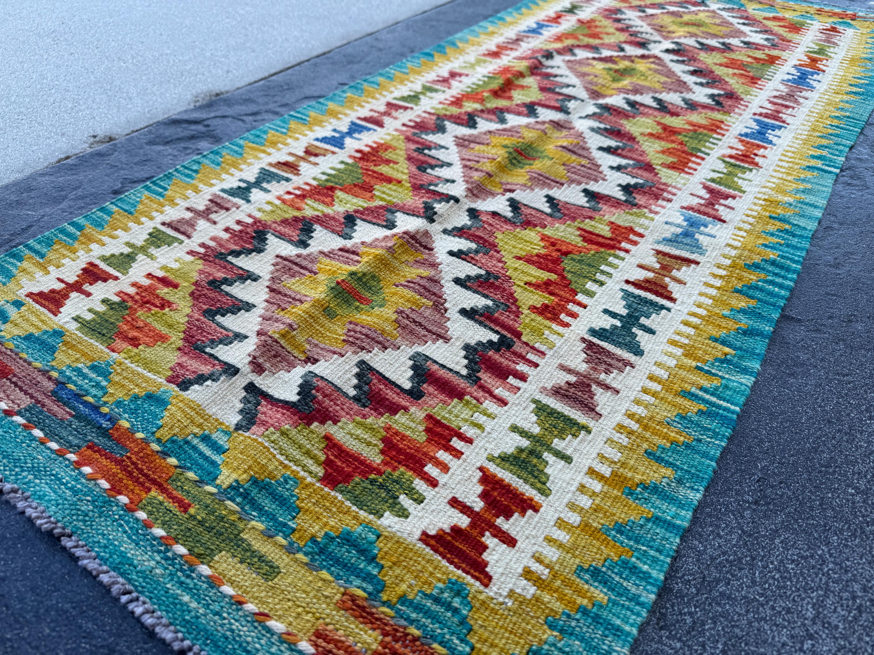 2x5 Handmade Afghan Kilim Runner Rug | Teal Mustard Yellow Rust Red Olive Green Burnt Orange Cream White Aqua Blue Maroon Grey | Wool
