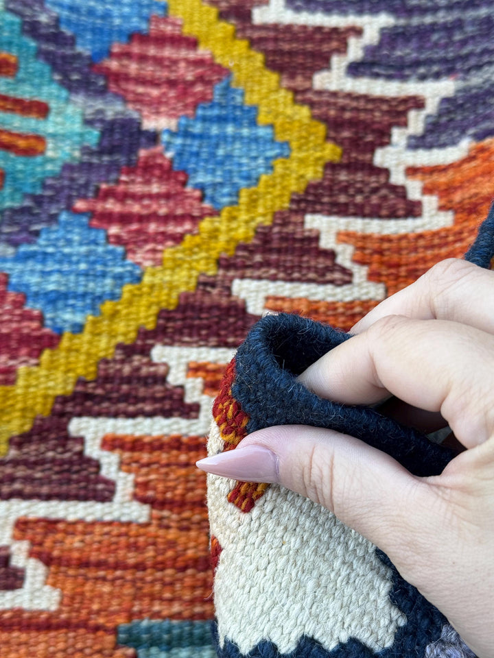 2x5 Handmade Afghan Kilim Runner Rug | Purple Rust Red Burnt Orange Mustard Yellow Teal Aqua Blue Olive Green Cream White Navy Maroon | Wool