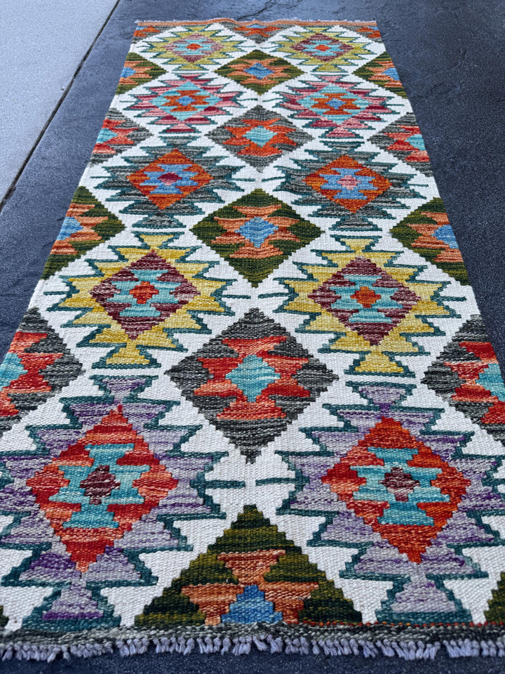 2x5 Handmade Afghan Kilim Runner Rug | Cream White Rust Red Burnt Orange Mustard Yellow Olive Green Teal Aqua Blue Grey Purple Maroon | Wool