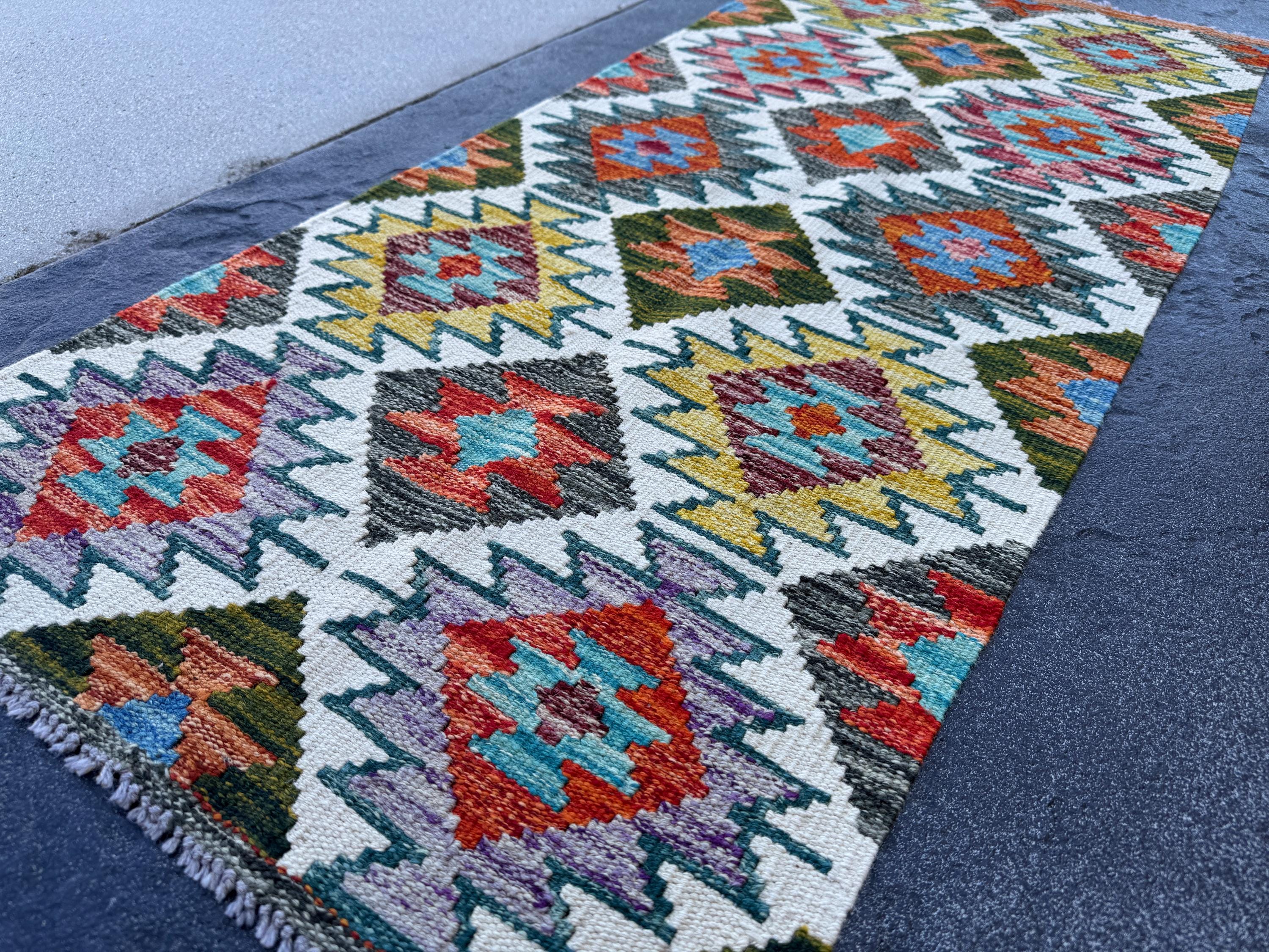 2x5 Handmade Afghan Kilim Runner Rug | Cream White Rust Red Burnt Orange Mustard Yellow Olive Green Teal Aqua Blue Grey Purple Maroon | Wool