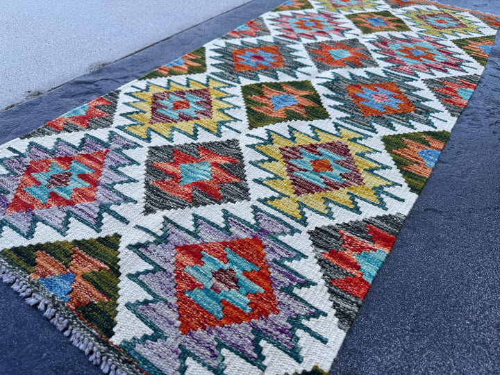 2x5 Handmade Afghan Kilim Runner Rug | Cream White Rust Red Burnt Orange Mustard Yellow Olive Green Teal Aqua Blue Grey Purple Maroon | Wool