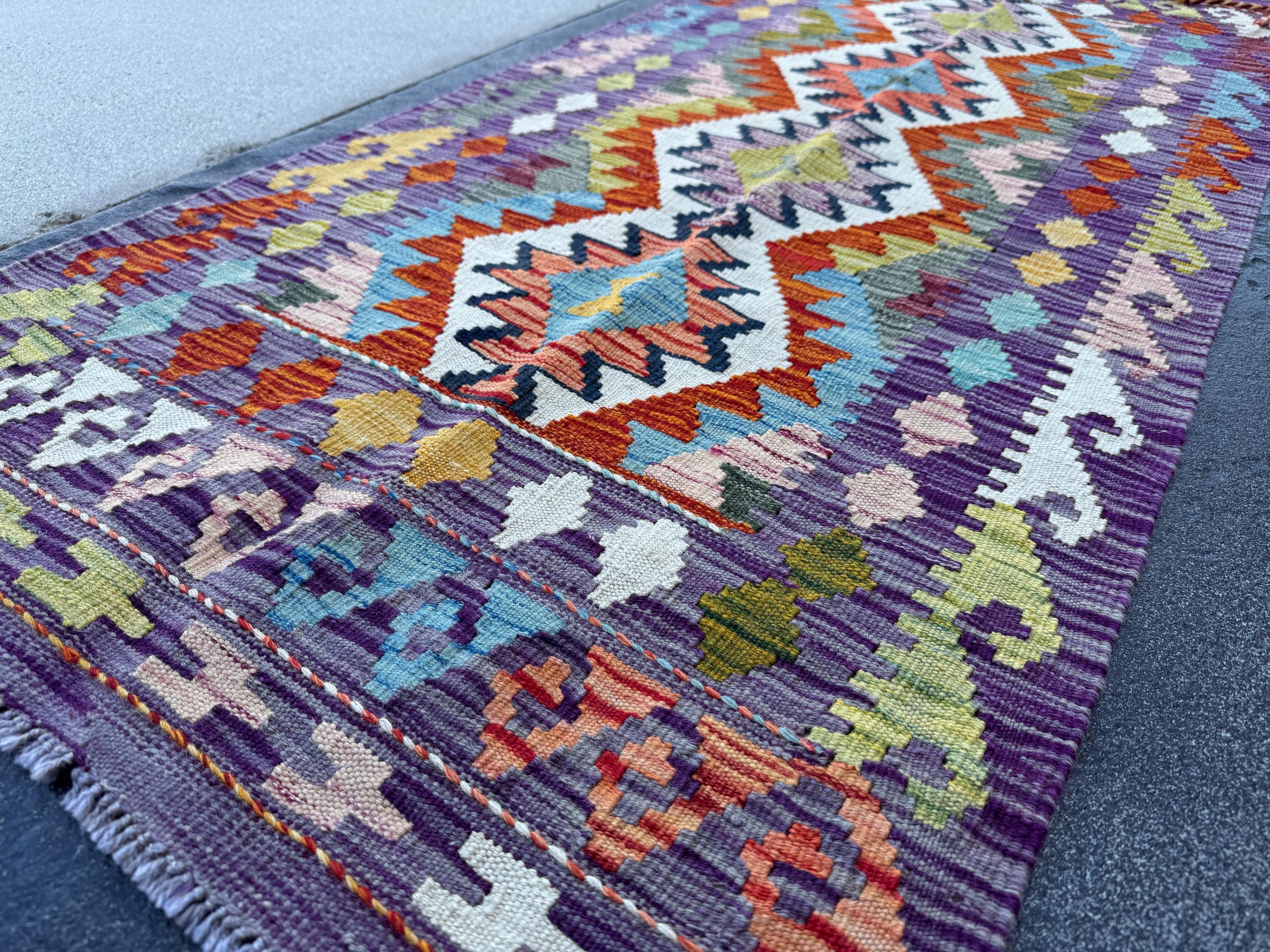 3x5 Handmade Afghan Kilim Rug | Purple Rust Red Burnt Orange Cream White Mustard Yellow Olive Green Teal Aqua Blue Pink Grey | Flatwoven