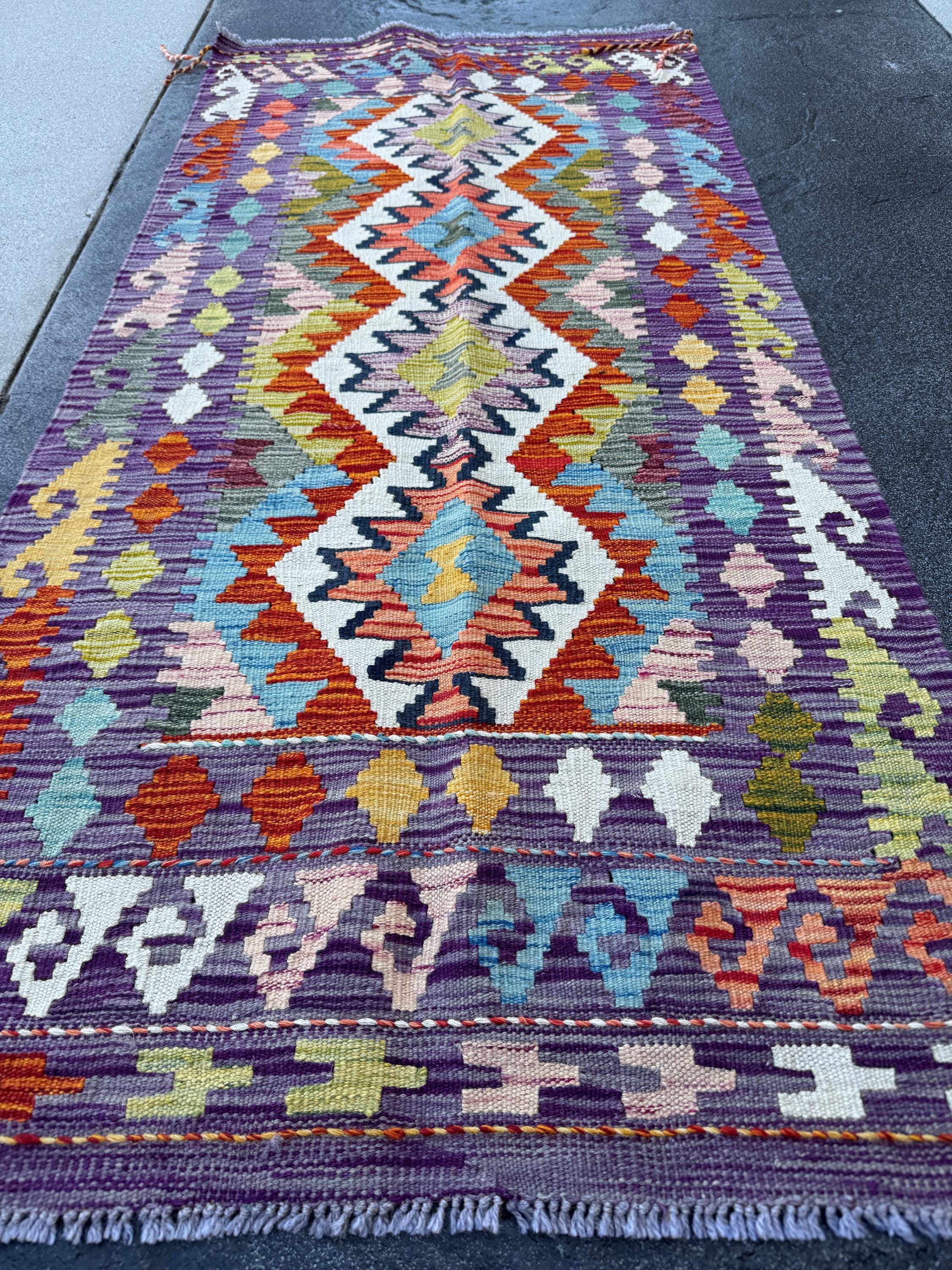 3x5 Handmade Afghan Kilim Rug | Purple Rust Red Burnt Orange Cream White Mustard Yellow Olive Green Teal Aqua Blue Pink Grey | Flatwoven