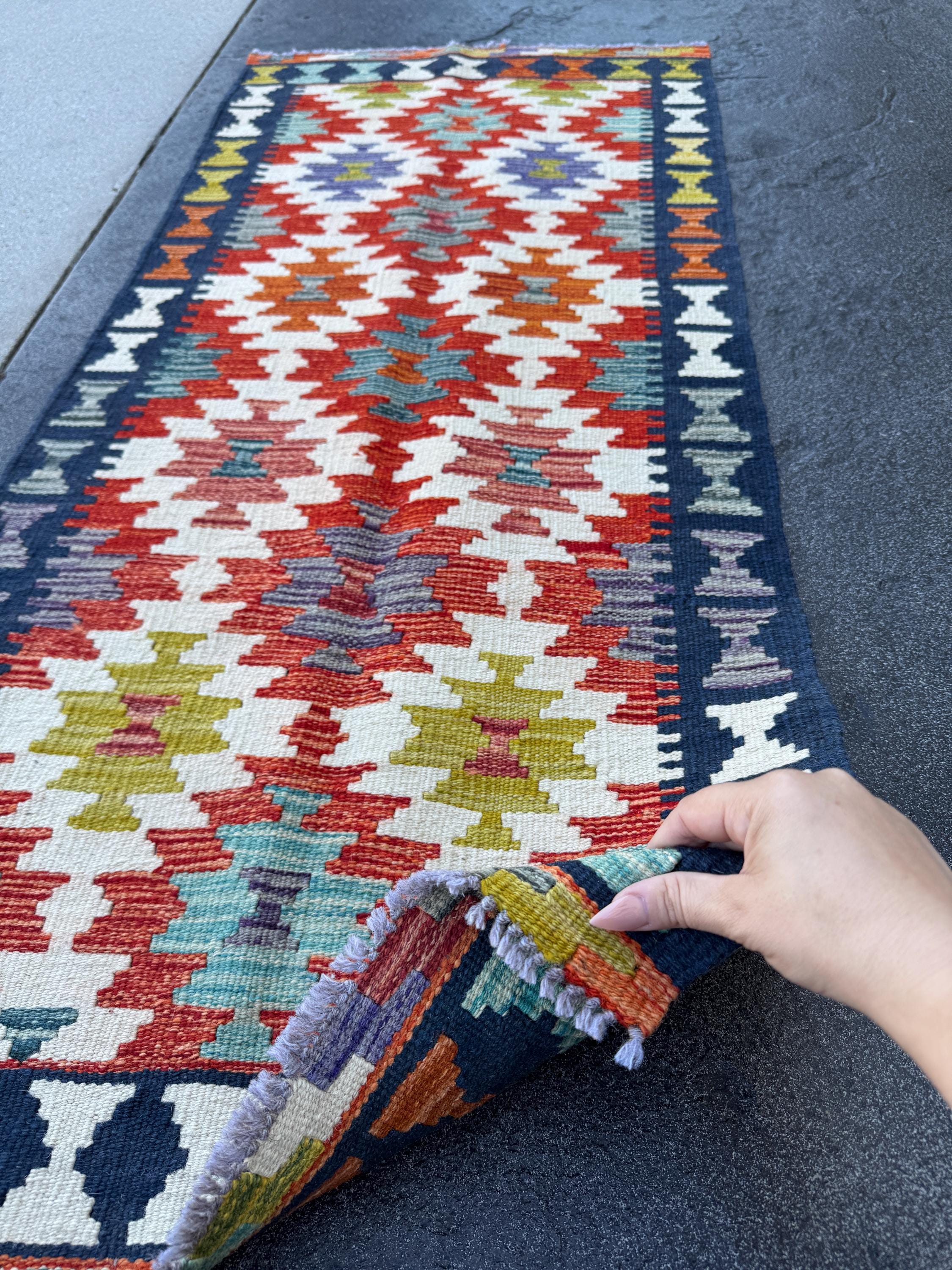 2x5 Handmade Afghan Kilim Runner Rug | Rust Red Burnt Orange Mustard Yellow Cream White Teal Aqua Blue Olive Green Navy Purple Grey | Wool