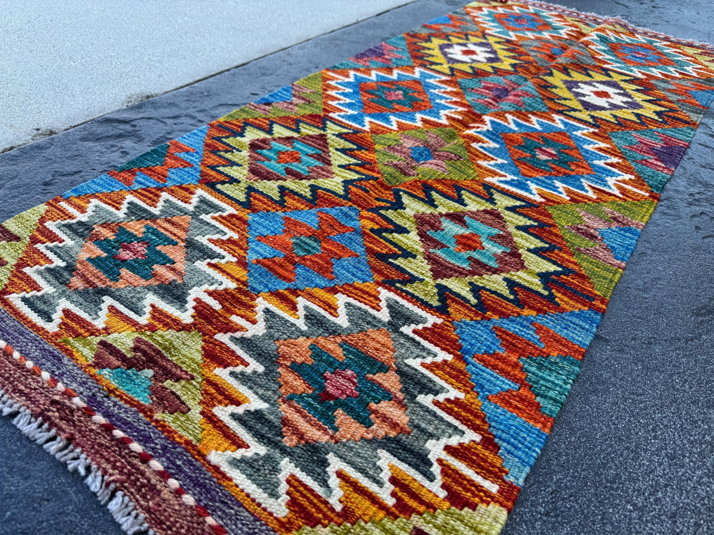 2x5 Handmade Afghan Kilim Runner Rug | Burnt Orange Rust Red Mustard Yellow Olive Green Teal Aqua Blue Cream White Navy Maroon Grey | Wool
