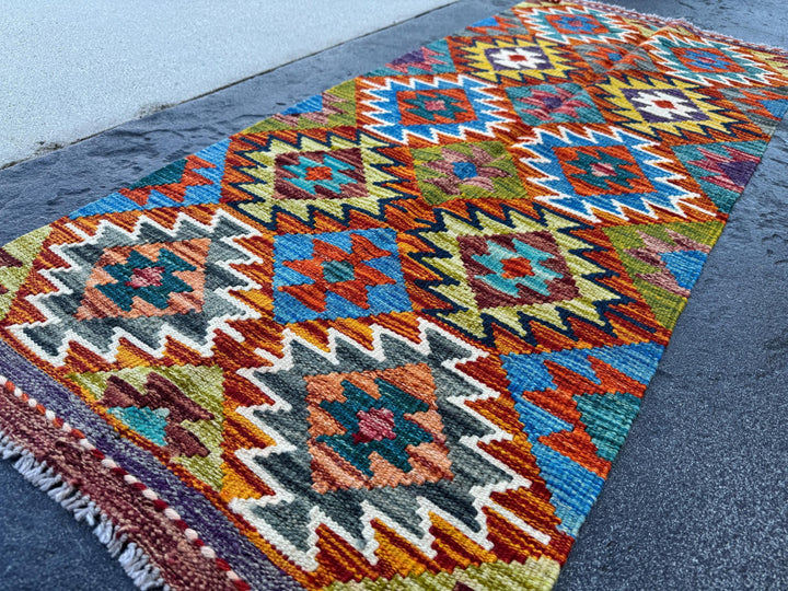 2x5 Handmade Afghan Kilim Runner Rug | Burnt Orange Rust Red Mustard Yellow Olive Green Teal Aqua Blue Cream White Navy Maroon Grey | Wool