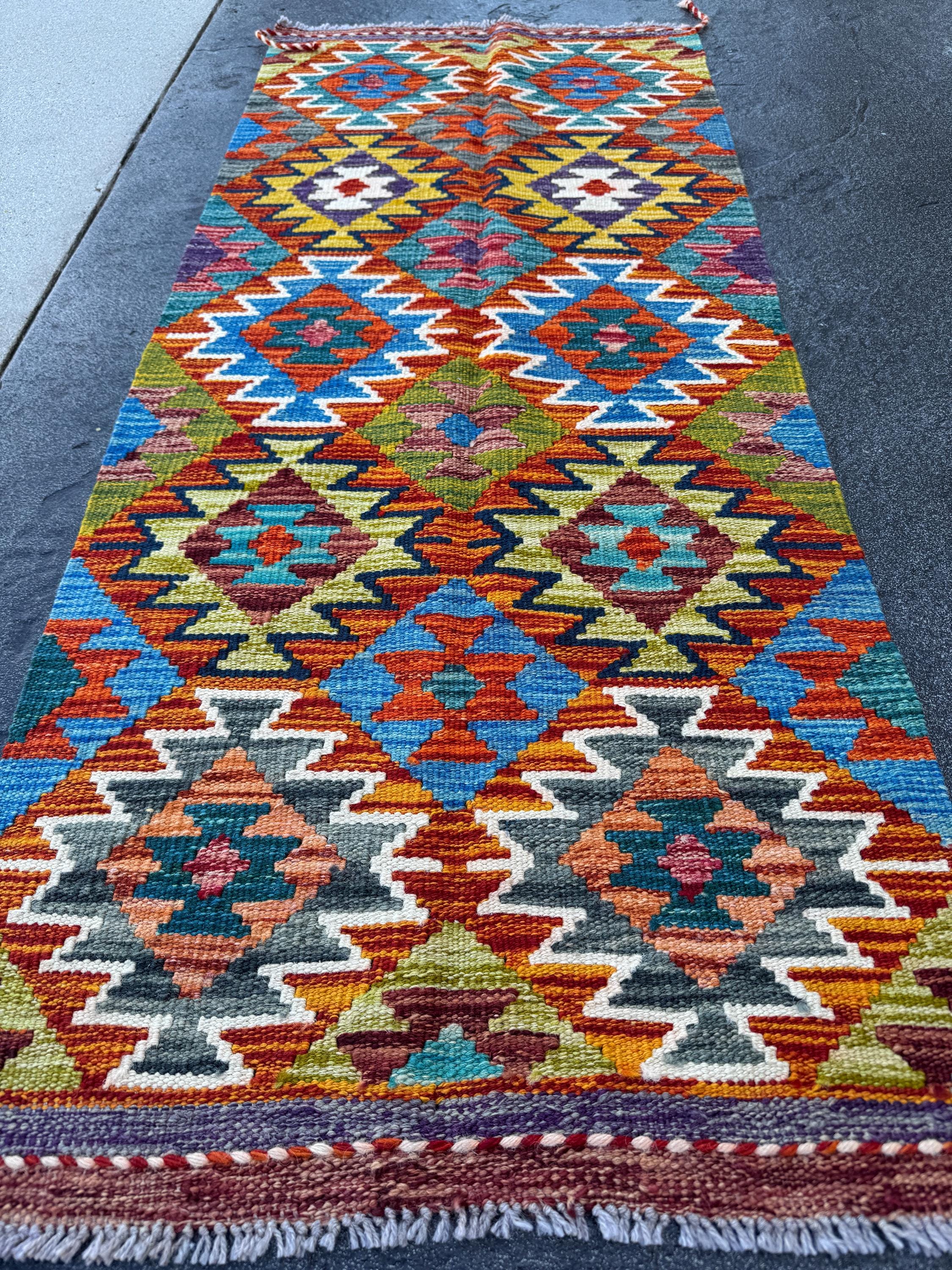 2x5 Handmade Afghan Kilim Runner Rug | Burnt Orange Rust Red Mustard Yellow Olive Green Teal Aqua Blue Cream White Navy Maroon Grey | Wool