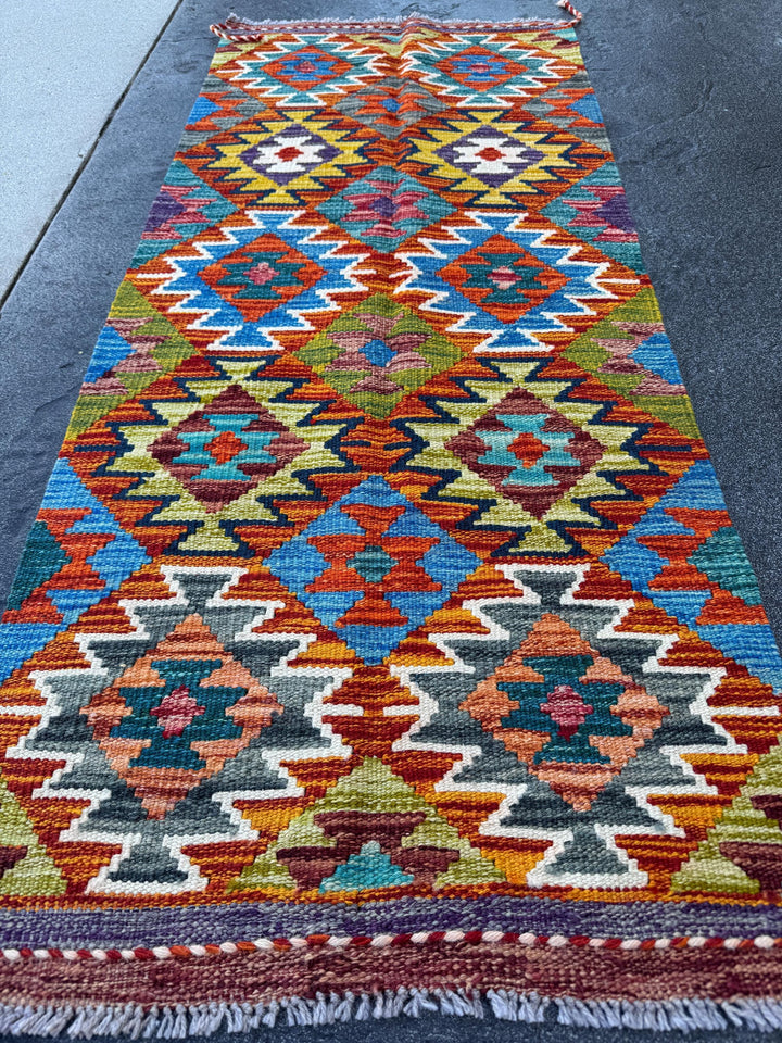 2x5 Handmade Afghan Kilim Runner Rug | Burnt Orange Rust Red Mustard Yellow Olive Green Teal Aqua Blue Cream White Navy Maroon Grey | Wool