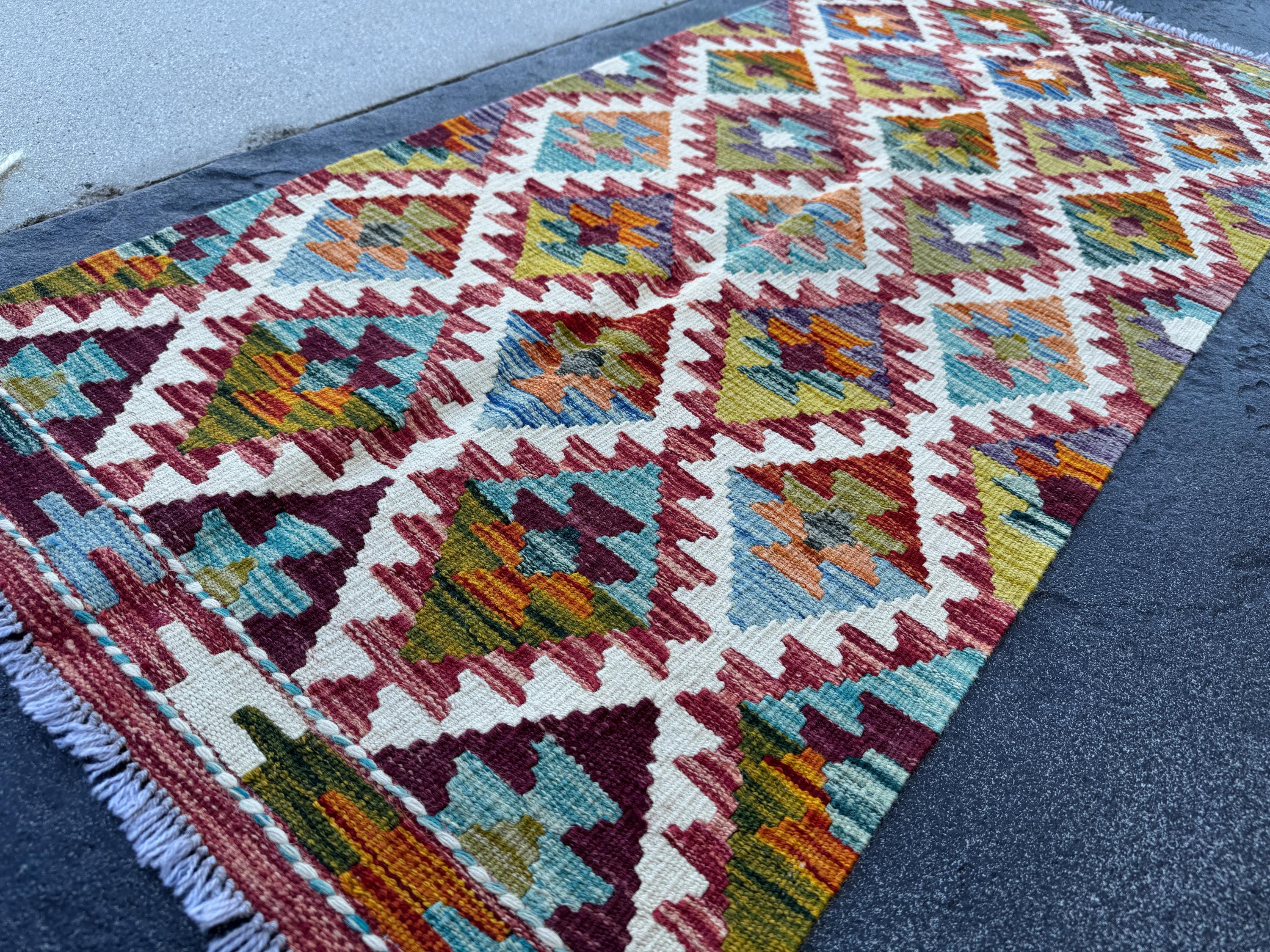 2x5 Handmade Afghan Kilim Runner Rug | Maroon Rust Red Burnt Orange Mustard Yellow Olive Green Teal Aqua Blue Cream White Purple Grey | Wool