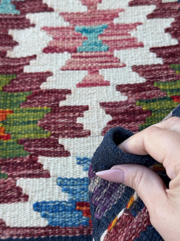 2x5 Handmade Afghan Kilim Runner Rug | Maroon Cream White Rust Red Burnt Orange Olive Green Teal Aqua Blue Navy Mustard Yellow Grey | Wool